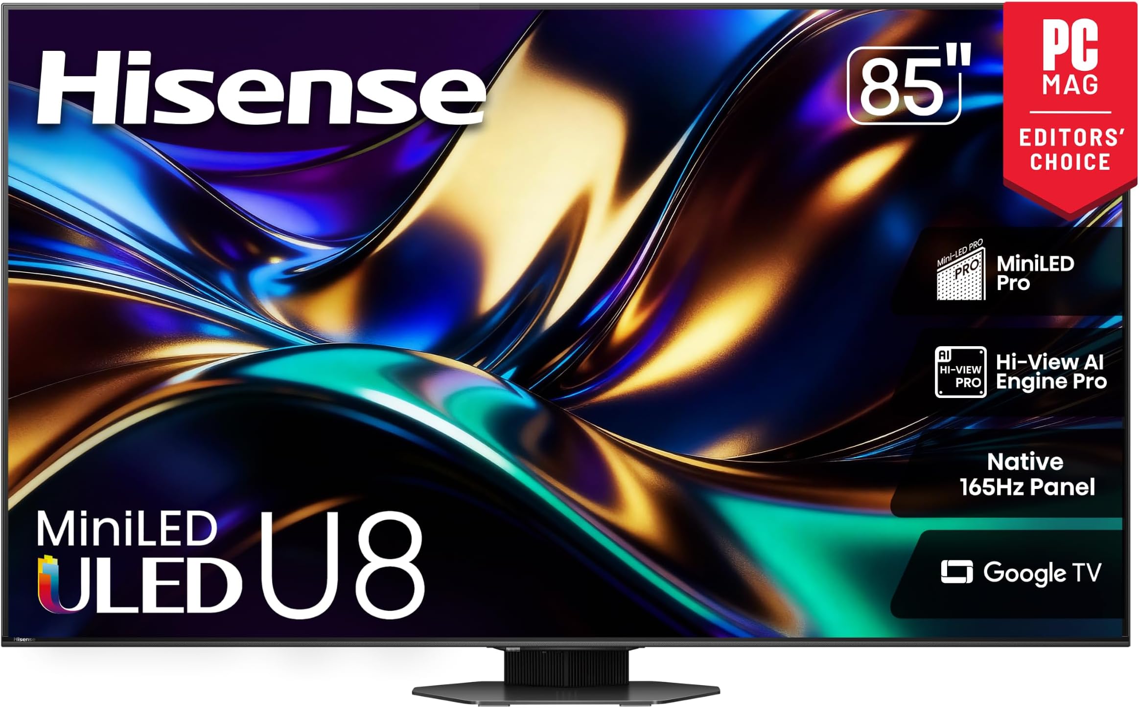 Hisense 85" U8 Series ULED Mini-LED 4K UHD Smart Google TV (85U8QG) - QLED, Native 165Hz, VRR 288, Up to LD5600, 5000 Nits, HDR10+, Dolby Vision IQ · Atmos, IMAX Enhanced, 4.1.2 Ch Audio
