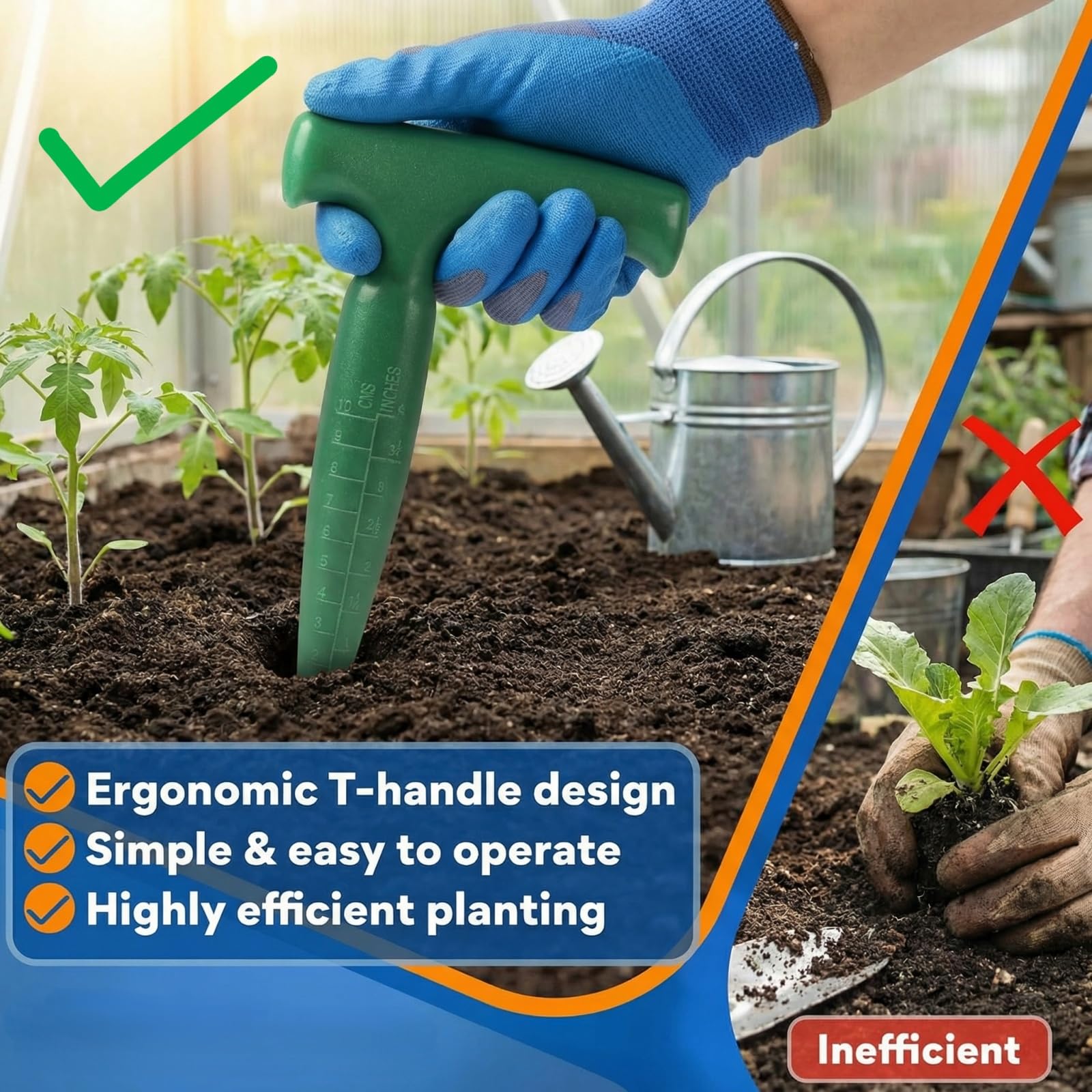 Plantoir à Bulbes avec Poignée en T Ergonomique, Plantoir Jardinage Manuel avec Mesure de Profondeur, Outil de Jardinage pour Bulbes, Semis, Fleurs & Légumes, Outil à Bulbes