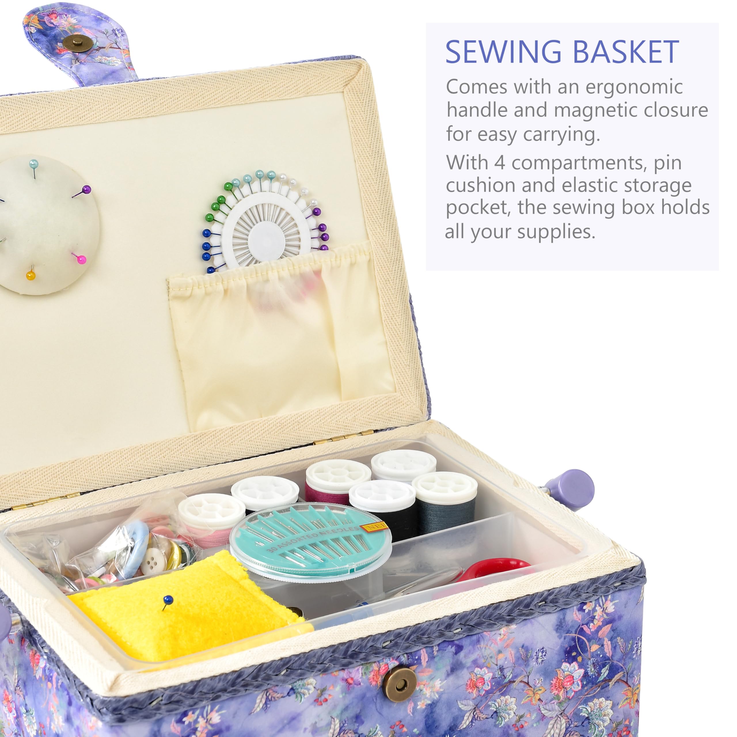 Sewing Basket with Sewing Supplies, Medium Sewing Box for Accessories Storage, Blue Flower