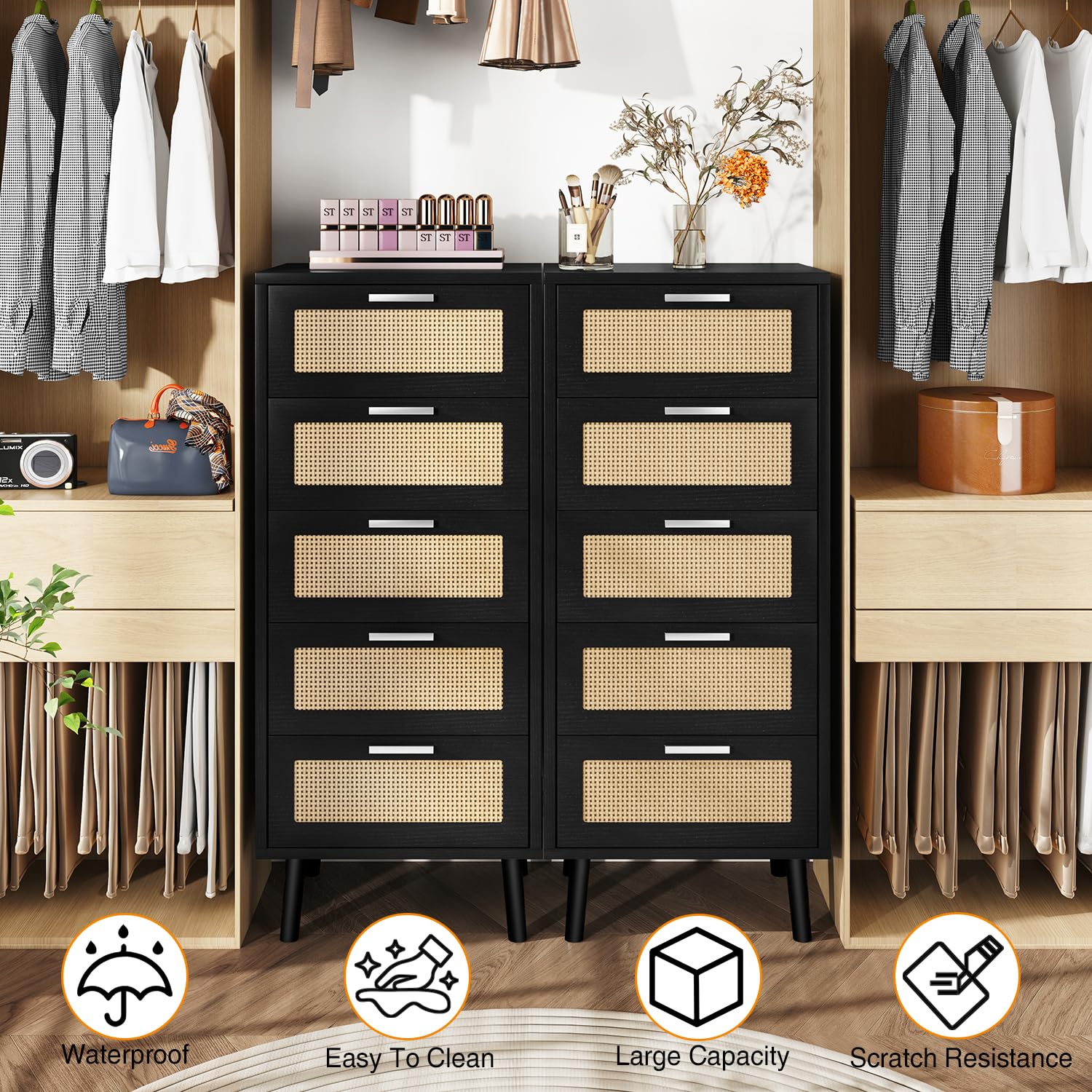 IBUYKE Cómoda Dormitorio, con 5 cajones Decorados de ratán, Mueble Cajonera con Patas de Madera, 40x34x108.5cm, Mueble Almacenaje Madera para Salón, Pasillo,Negro WST010B