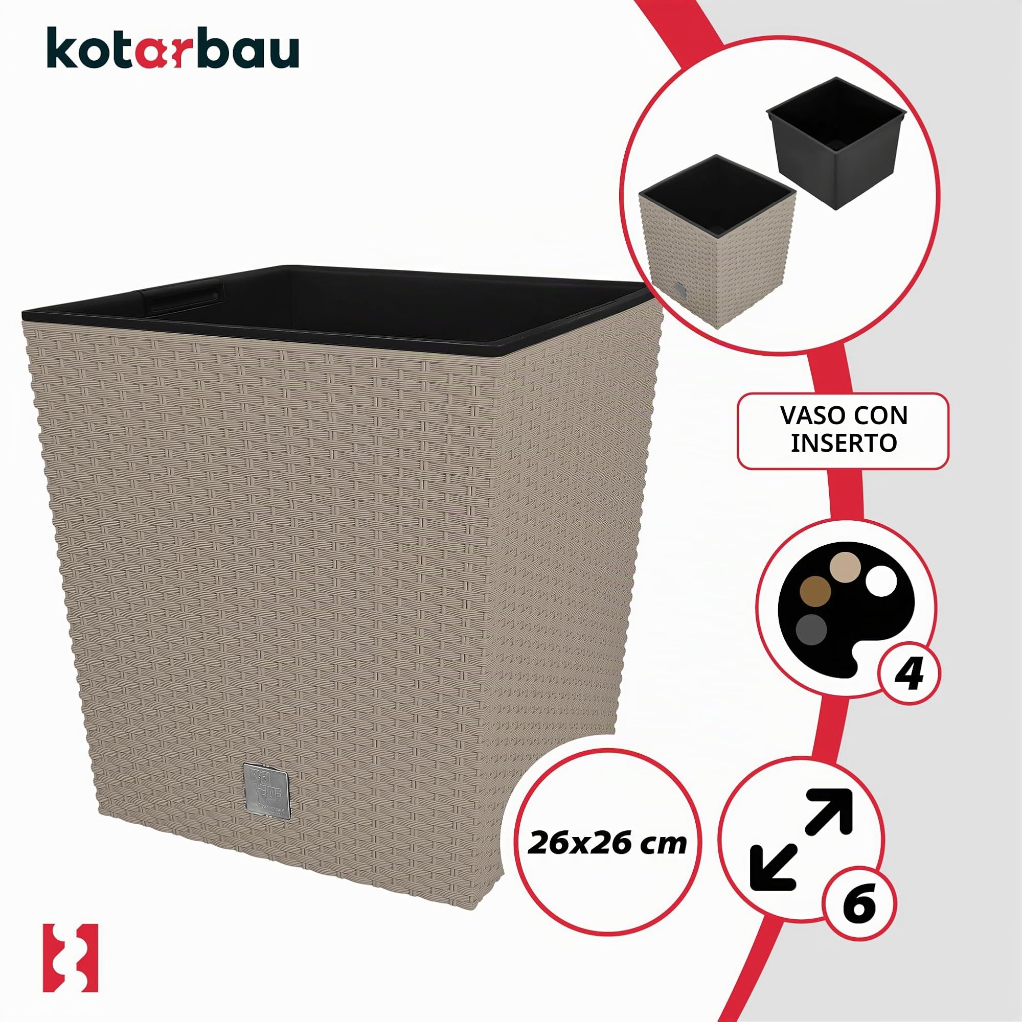 KOTARBAU® Set di 2 vasi da fiori 15,8 L Altezza: 27 cm Mocca. Vaso per piante in plastica con sottovaso. Set di vasi da fiori come in rattan. Adatto per interni ed esterni