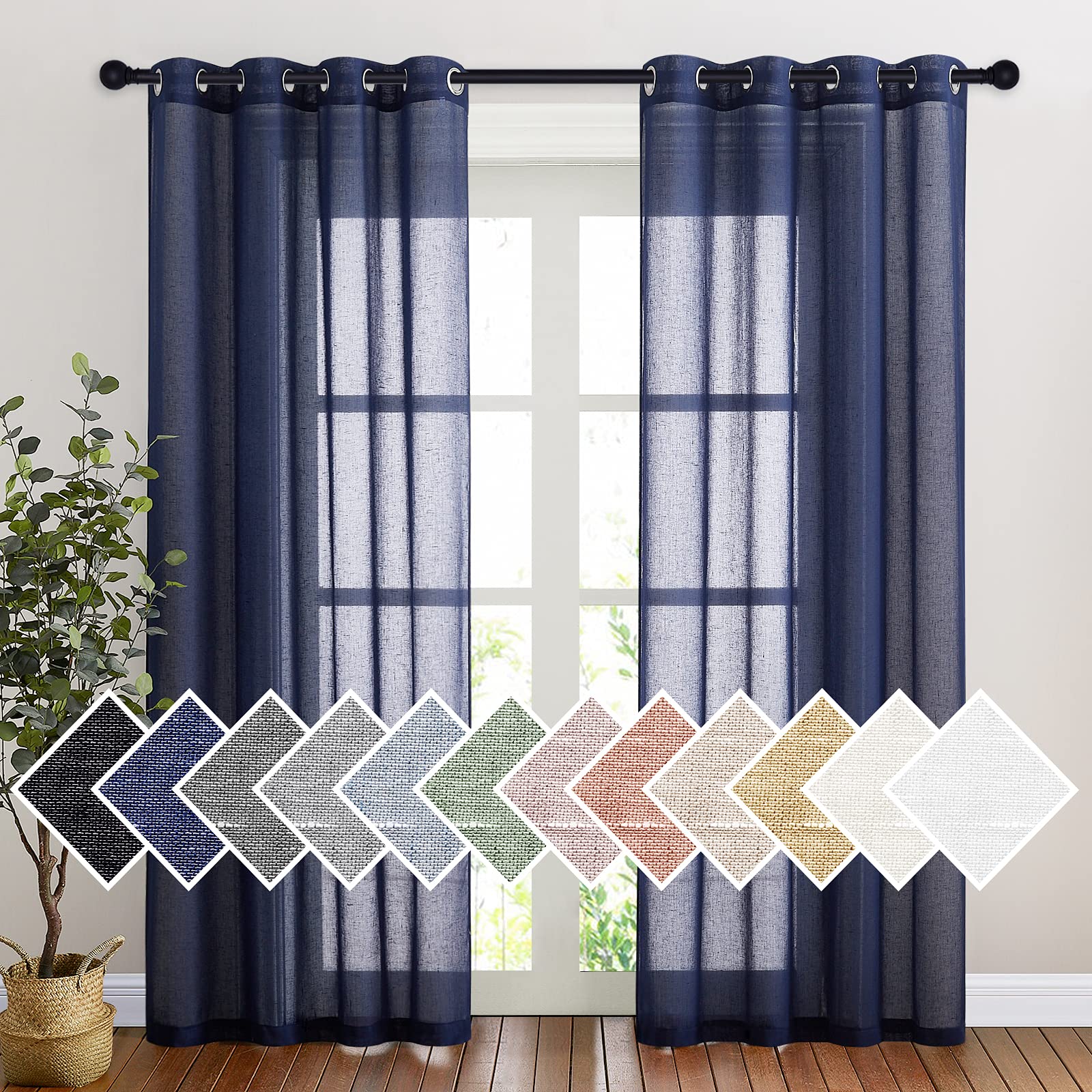 NICETOWN Linen Textured Sheer Bedroom Window Curtains, Grommet Semitransparent Vintage Natural Open Linen Wave Privacy Sheer Draperies for Hall/Villa, Dark Blue, 52W by 84L, Set of 2