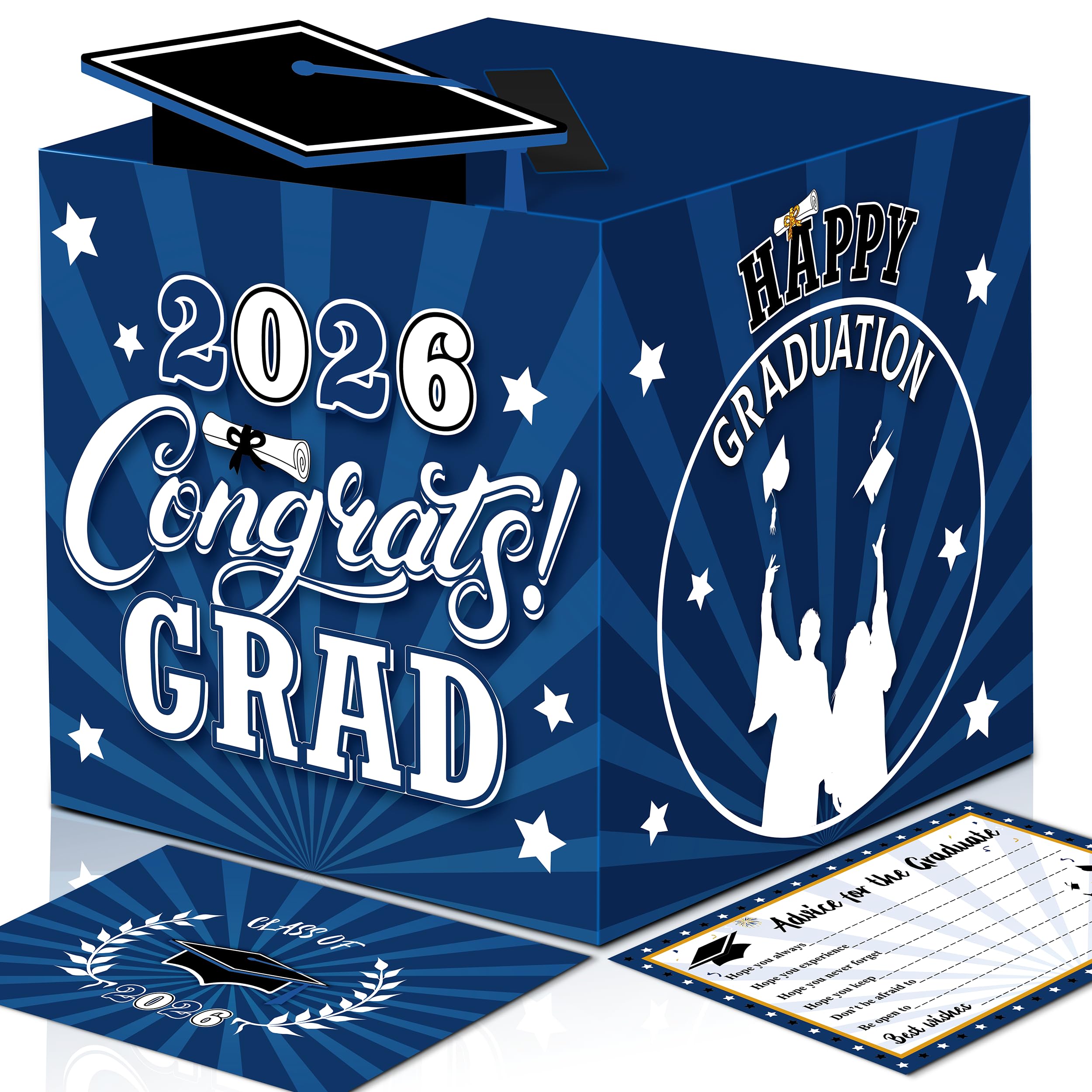Graduation Wish Cards with Blue and Black Graduation Card Holder Box - 36PCS Class Of 2026 Graduation Advice Cards and 2026 Congrats Grad Card Box for Party Supplies Decoration