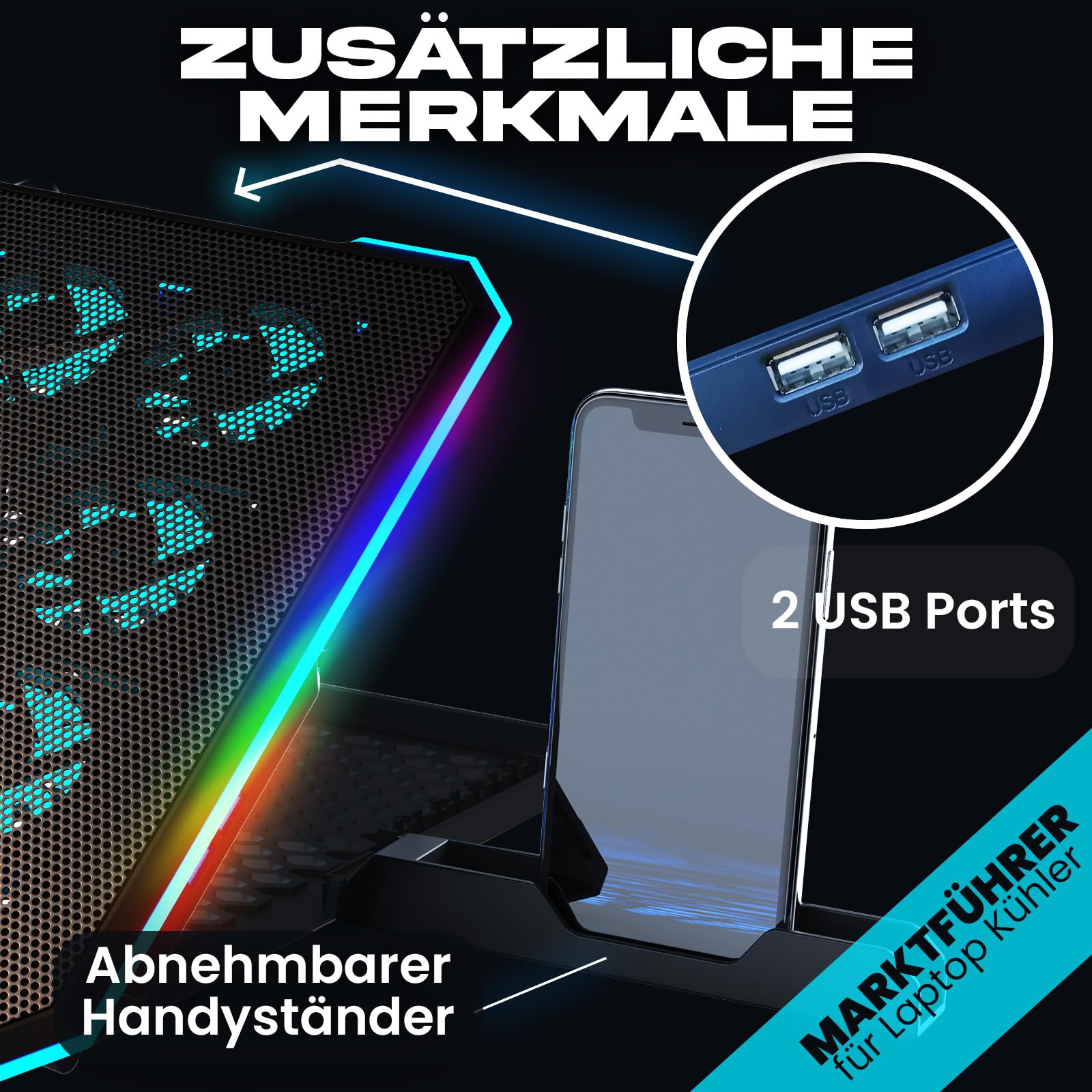 KLIM V15 Gaming Laptop Cooling Pad mit 15 Lüftern + Gaming Laptop Kühler + Stabiler RGB Ständer mit Lüfter + Kompatibel bis zu 17" + 2 USB Ports + Handyhalterung + 5 Jahre Schutz