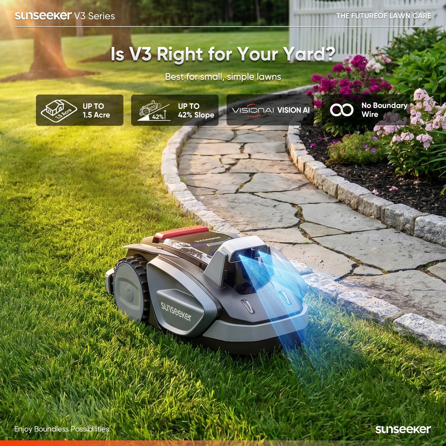 SUNSEEKER V3 - Cortacésped Robot inalámbrico de 0.15 Acre/6.400 pies Cuadrados, cortadora de césped automática Vision AI, cortadora de césped con un Solo Clic, prevención Inteligente de obstáculos,