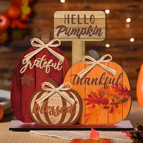 Miniatura 7 de Leinuosen Decoración de otoño con texto en inglés Blessed Grateful Thankful, decoración de Acción de Gracias, centros de mesa de calabaza de granja,