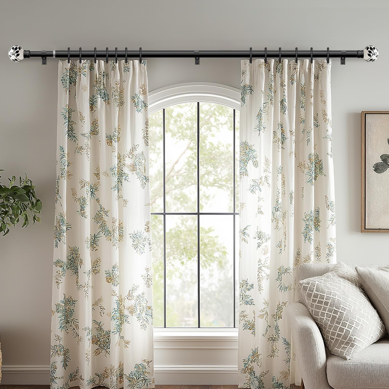 Barra Cortina Negra 80-365 Cm,Extensible De Metal Pesado | DiáMetro De 25 Mm,Montaje En Pared, Con Topes De Hoja De CeráMica Y Soportes, Para SalóN, Dormitorio, Cocina, Terraza