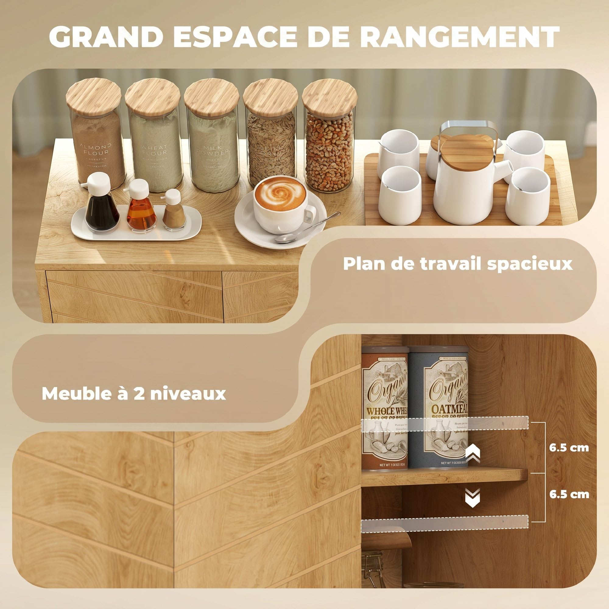 HOMCOM Buffet Cuisine Meuble de Rangement 88,3 x 30 x 76 cm Bois Naturel | 3 Portes à Motif Chevron, Pieds en Bois de Pin, Style Moderne, Buffet Salle à Manger, Salon, Meubles de Salle à Manger