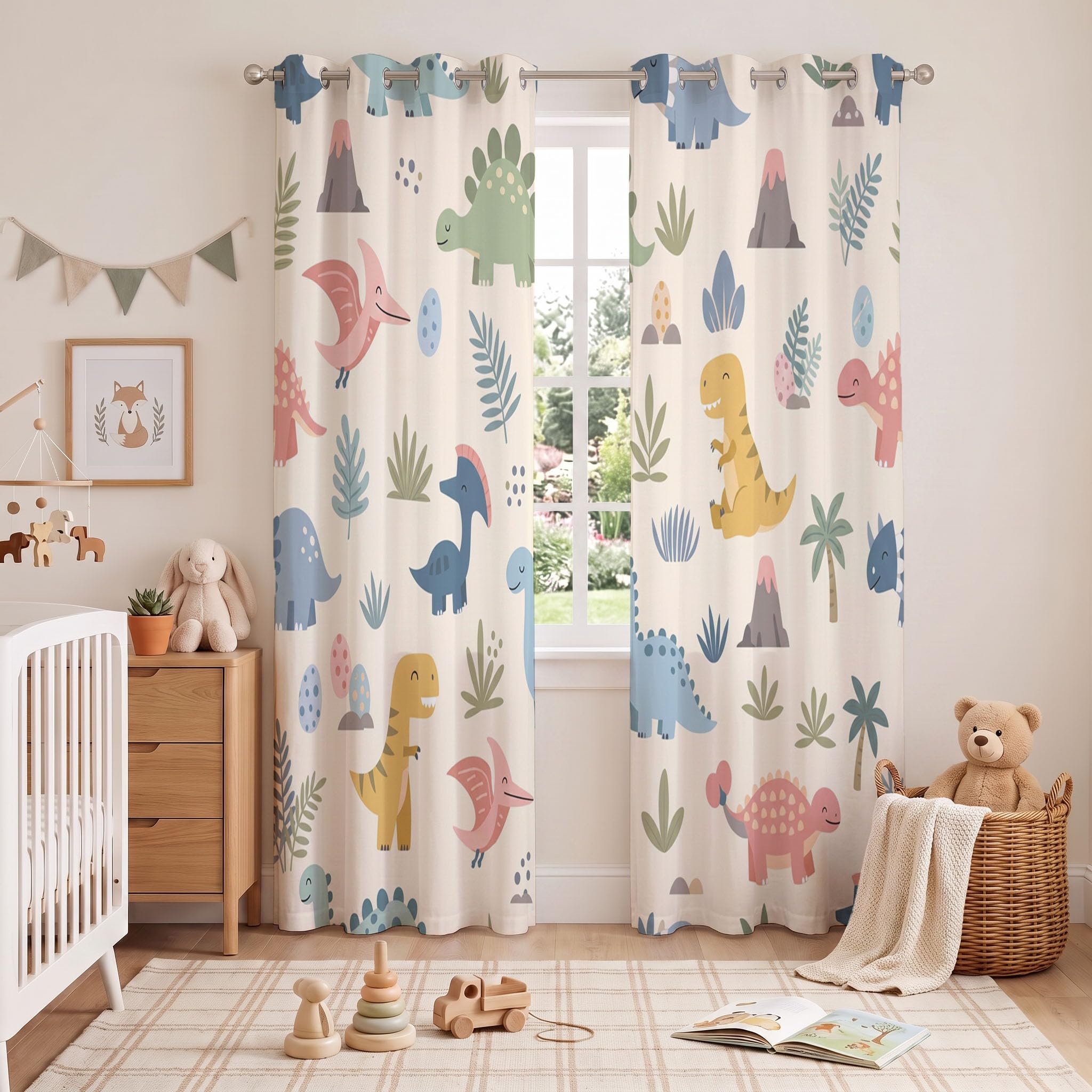 Nordische Kritzeleien Blackout Vorhänge H138 x B117 cm Verdunkelung Vorhang mit Ösen | Tyrannosaurus Rex, Triceratops Verdunklungsvorhänge, Schallschutz Vorhang für Wohnzimmer Kinderzimmer, Beige