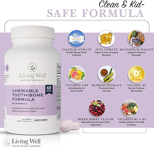Miniatura 4 de Living Well with Dr. Michelle Suplemento dental y hueso para niños, masticable para dientes fuertes y defensa de caries, calcio, D3, K2, magnesio,