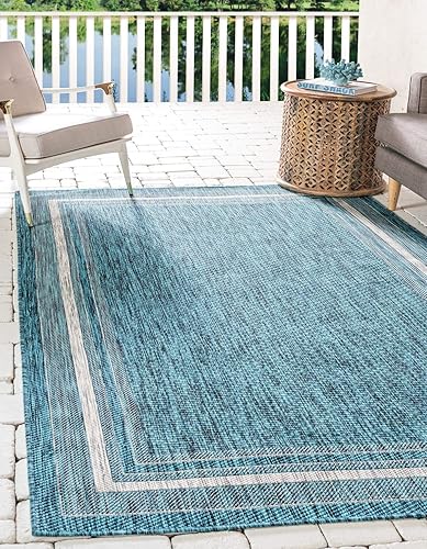 Unique Loom - Colección Outdoor Border - Tapete para exteriores de borde suave - 4pies 1pulgada x 6pies 1pulgada, rectangular, turquesamarfil