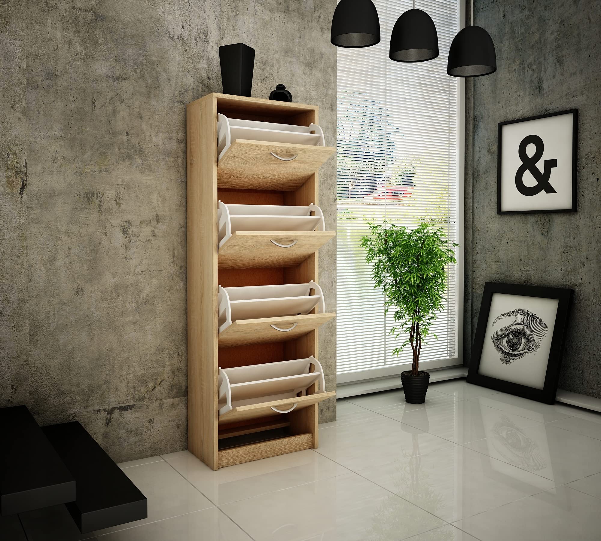 MATKAM Schuhschrank 4S, in Schlichter Optik, B 50 x H 152 x T 28 cm, laminierte Möbelplatte 16 mm, mit Rückwand, 4 ausklappbare Schuhablagen (Sonoma Eiche)