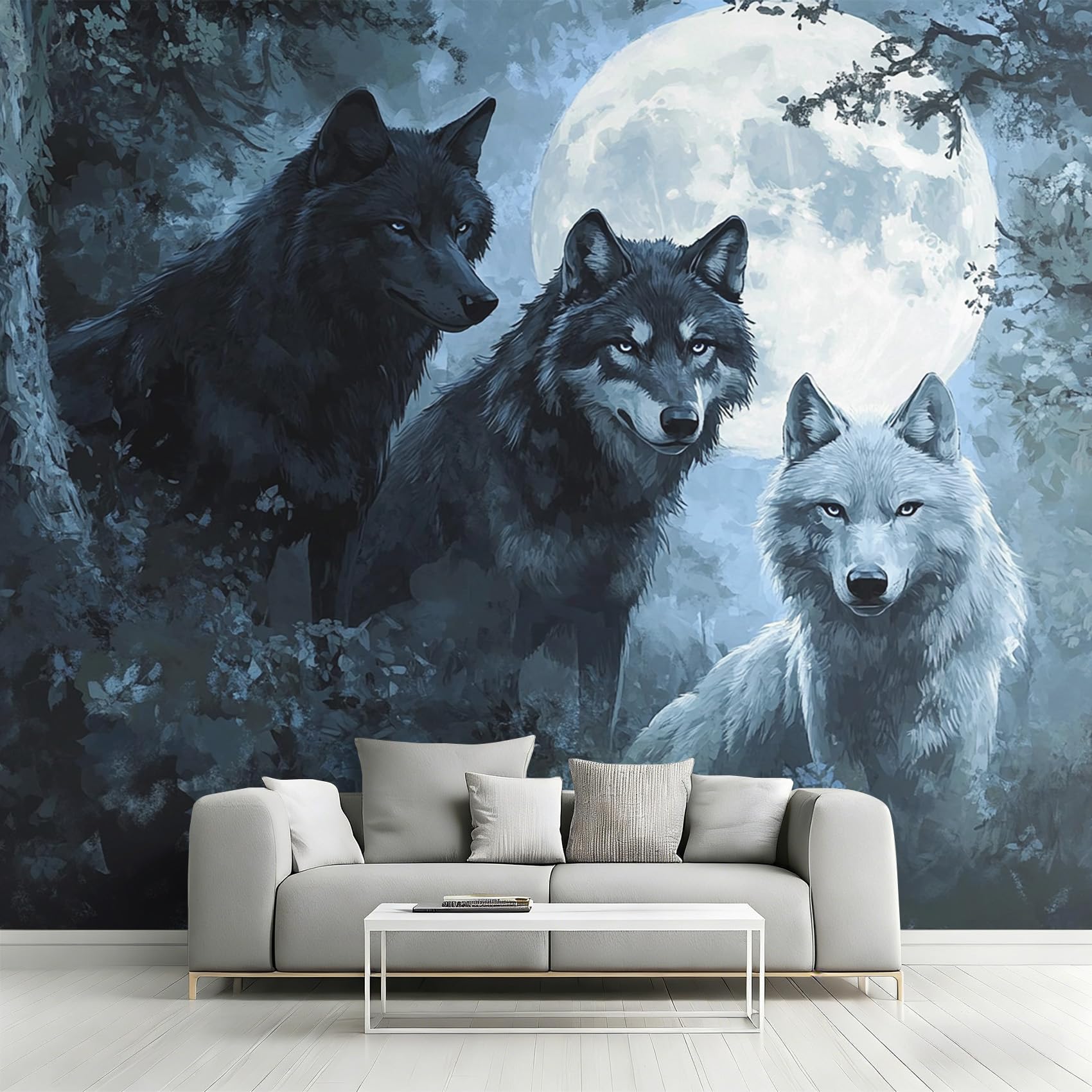 Papier peint loup panoramique intissé XXL 450x315 cm décor lune
