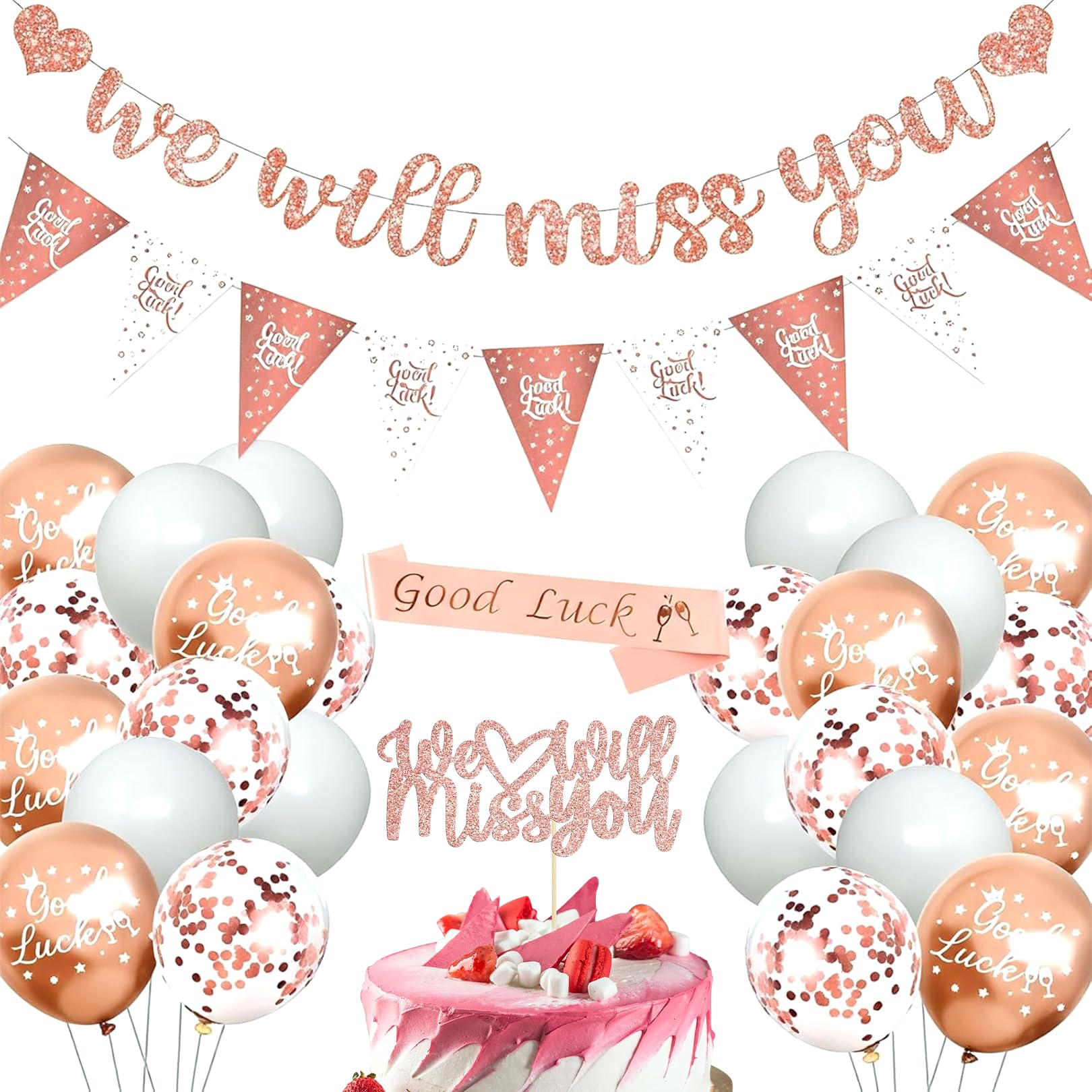 Flankor We Will Miss You Banner, Rose Gold Luck Bunting Flags with Good Luck Balloons and Cake Topper for Retirement Graduation Leaving Party Decorations