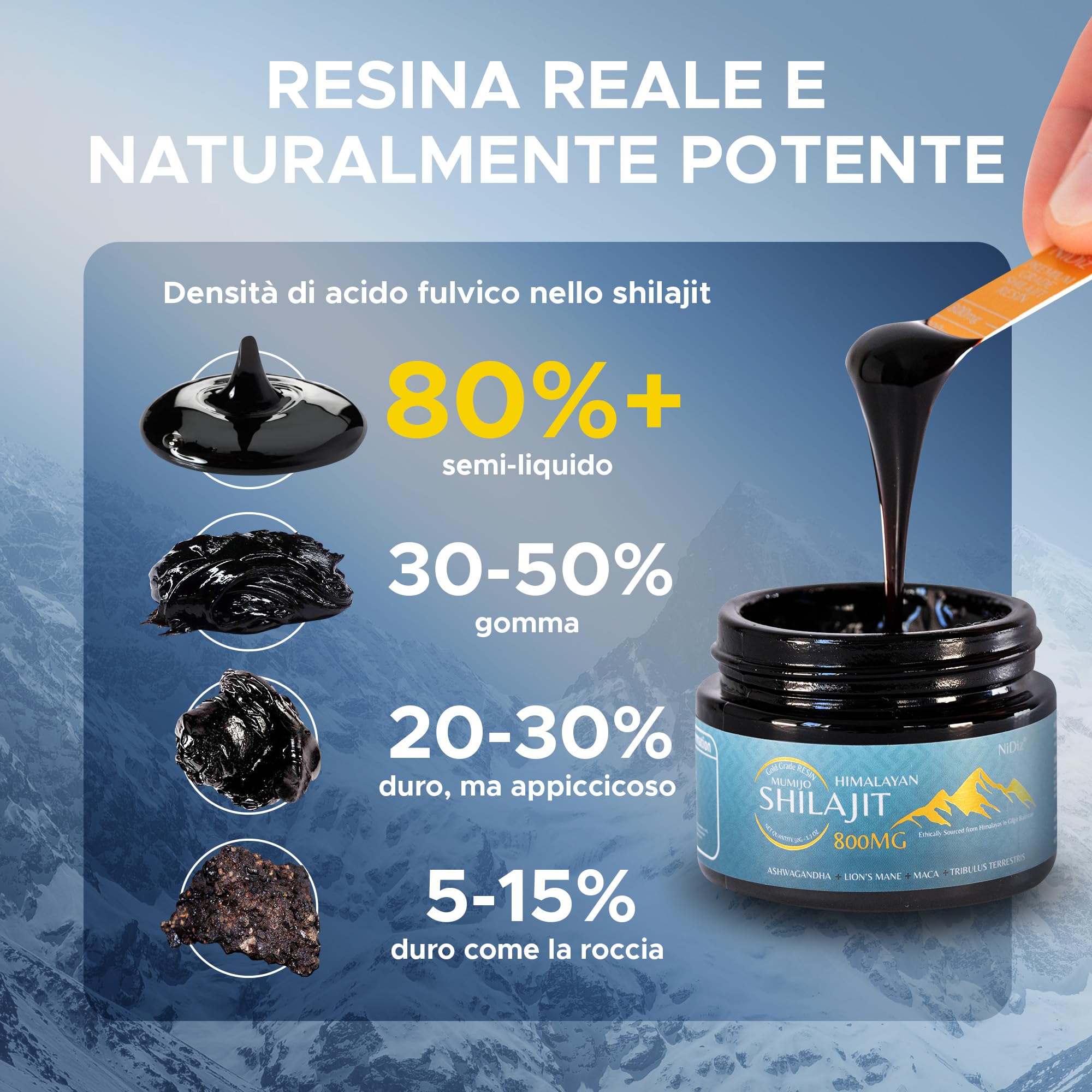 100% Shilajit Himalayano Puro 800MG, Erbe Ayurvediche 5 in 1, Testate in Laboratorio in Europa, 50g