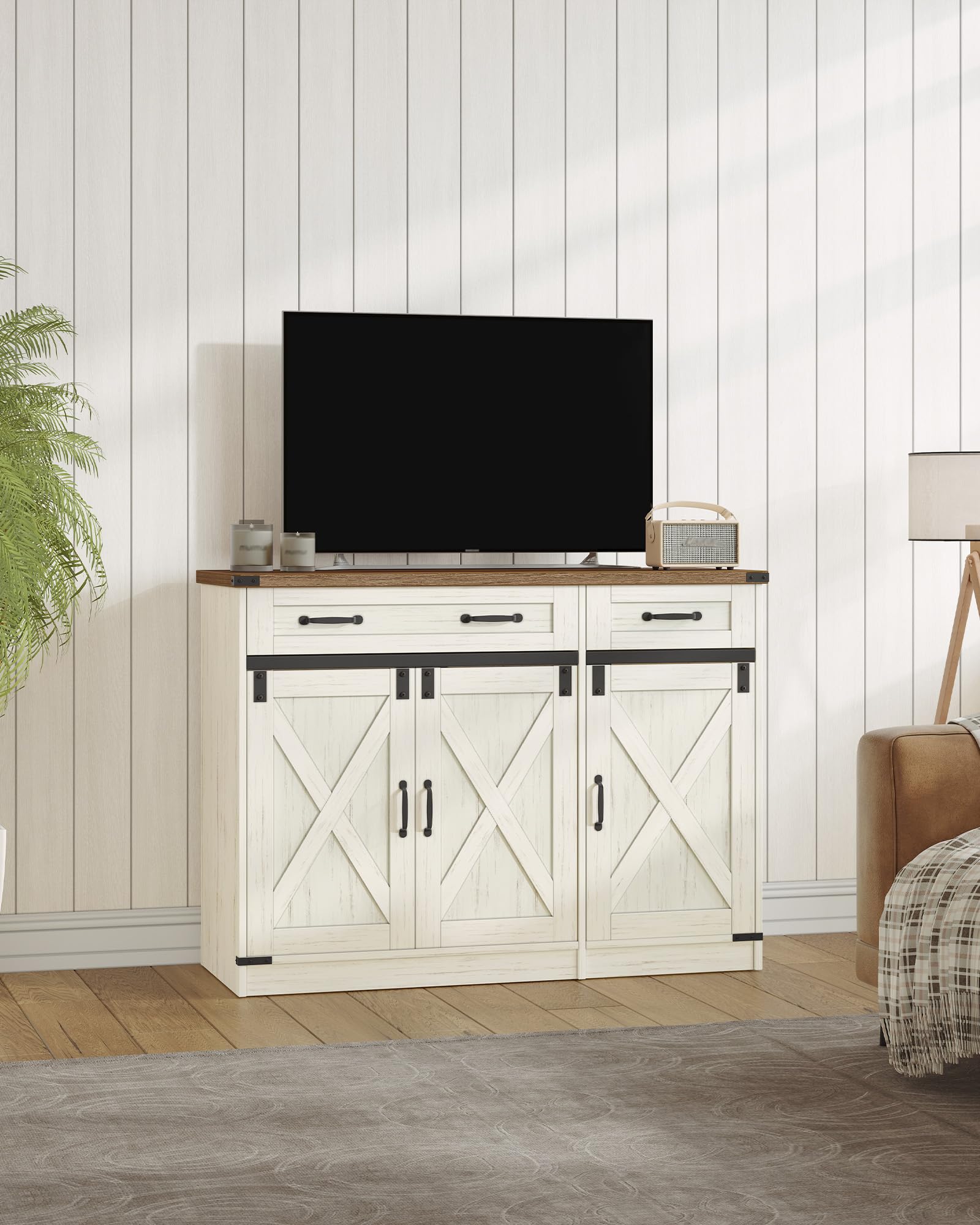 Hzuaneri Armario de Cocina, Aparador Cocina, Armario de Almacenamiento con 2 Cajón, 3 Puertas, Estantes Ajustables, 40 x 108 x 80 cm, Blanco Rústico y Marrón Miel SC85814X