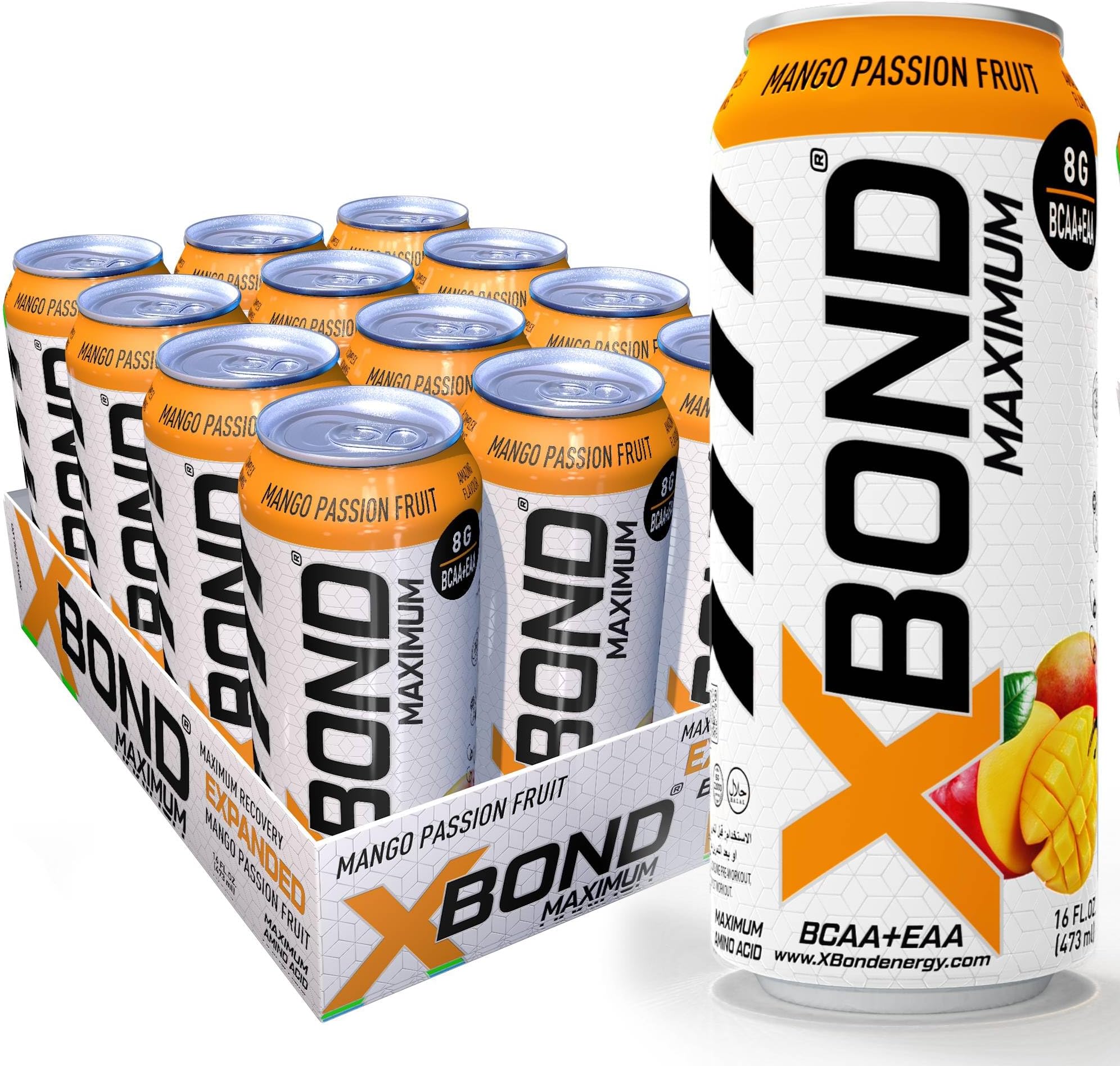 Maximum Recovery Passion Fruit Mango Expanded Maximum Amino Drink - BCAA + EAA Electrolytes Drink - 16 fl oz (473 ml) - 8g BCAA/EAA, Sugar Free 34 Calories, 60mg Caffeine Pack of 12
