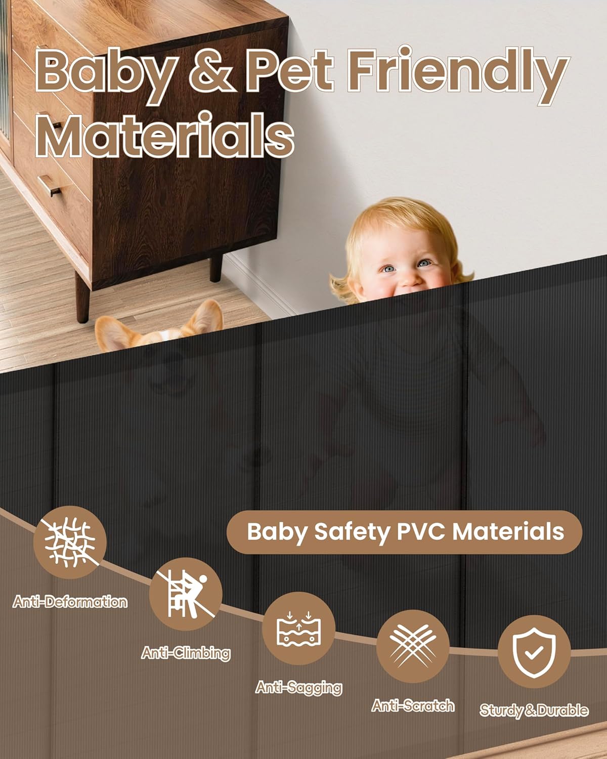 Retractable Baby Gate Extra Wide, 100 Wide Anti-Sagging Pet Gate with 8 Support Rods, 34 Tall Scratch-Resistant Extra Long Dog Gate for Large Openings, Doorways & Open Spaces, Black