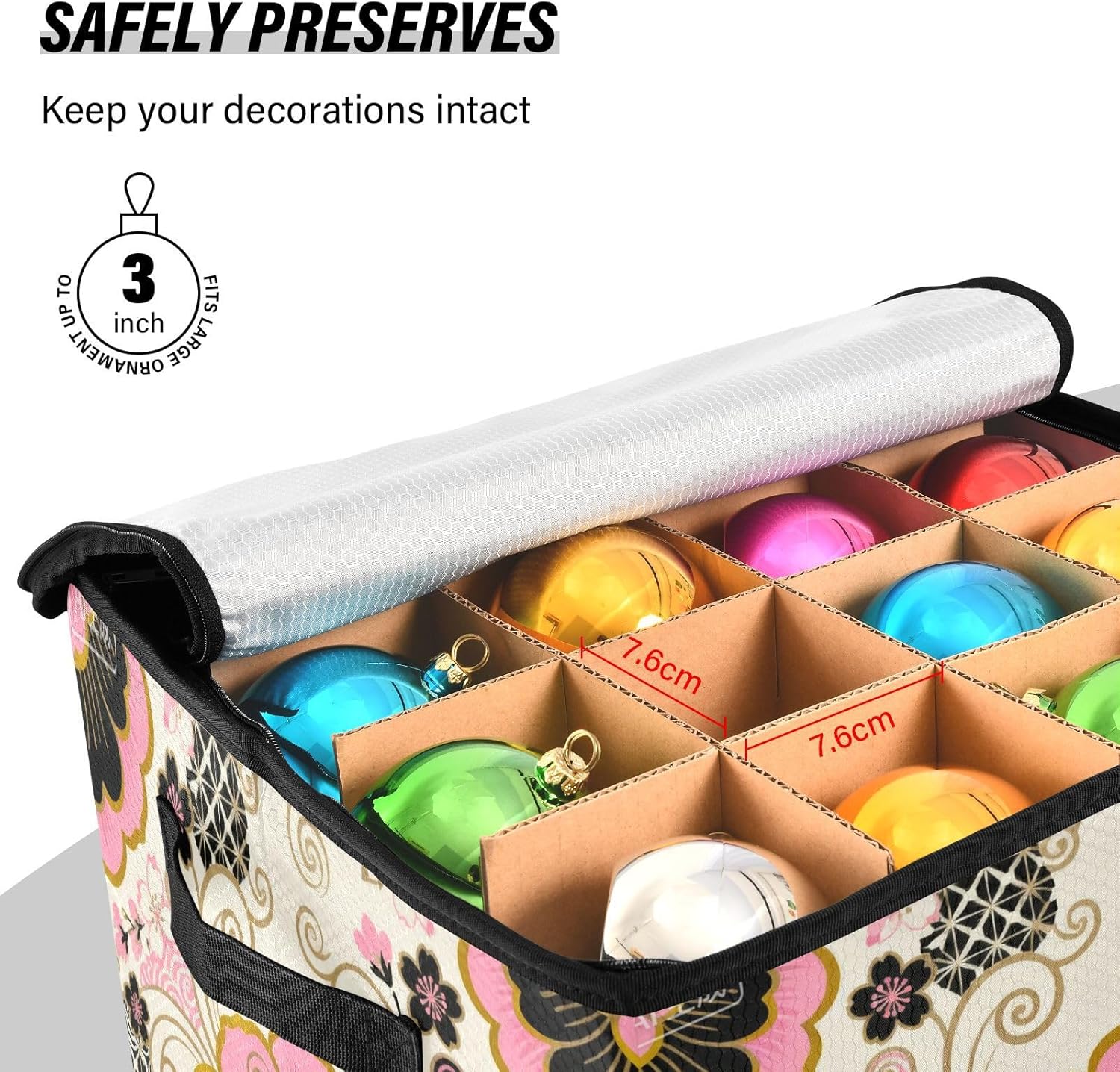 High Capacity Christmas ornament organizer storage Holds Up to 64, Adjustable Dividers foldable Holiday Storage Case with Lid,Japanese Style Cherry Blossom Paisley Flower Pink