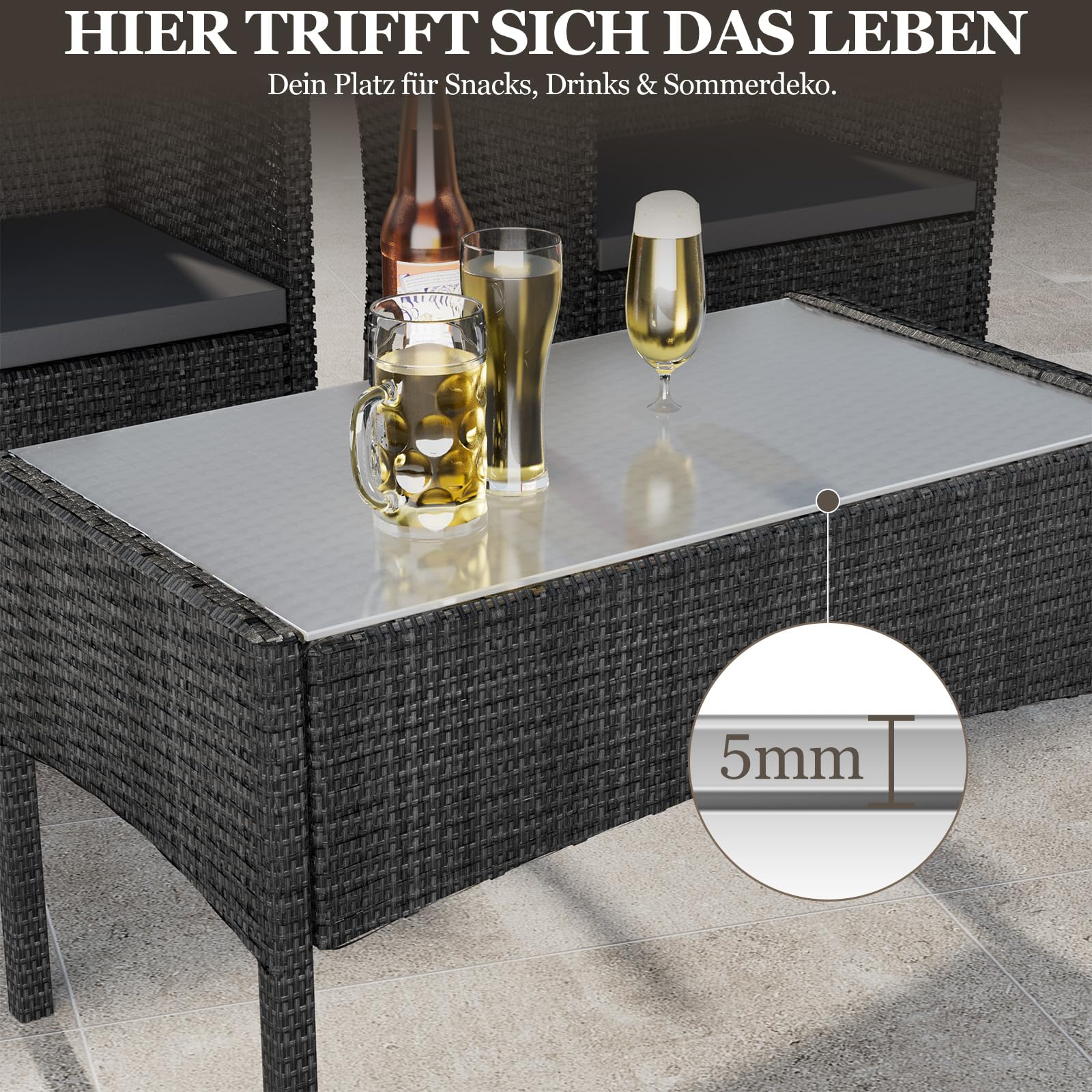 Soontrans 4-TLG. Poly Rattan Gartenmöbel Set mit Auflagen, Balkonmöbel mit 1 x Sitzbank & 2 x Stühle & 1 x Tisch, Frei Kombinierbar, Wetterfest Lounge Möbel Outdoor