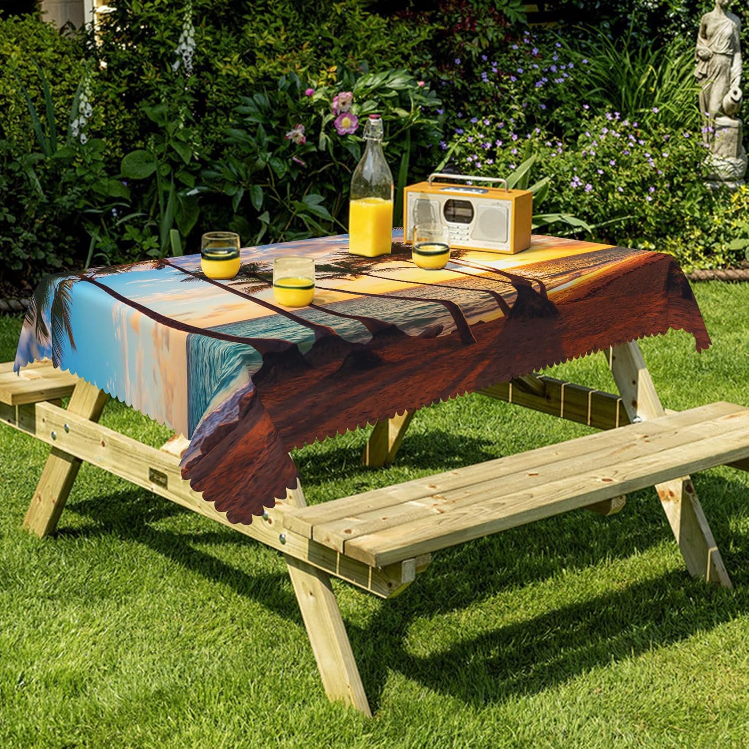 Summer Beach Sunset Tablecloth, 70x108 Inch Tropical Seaside Palm Trees Nature Scenery Fabric Table Cloth,Waterproof Table Cover for Dining Kitchen Outdoor Picnic Travel Wedding Party Decor