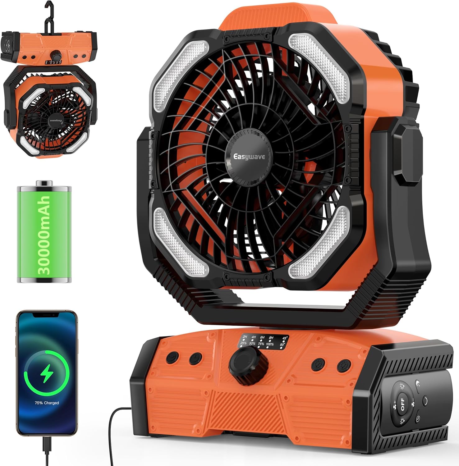 Easywave Ventilador de camping con linterna LED tienda de campaña al aire libre recargable de 30000 mAh, ventilador oscilante con gancho colgante de