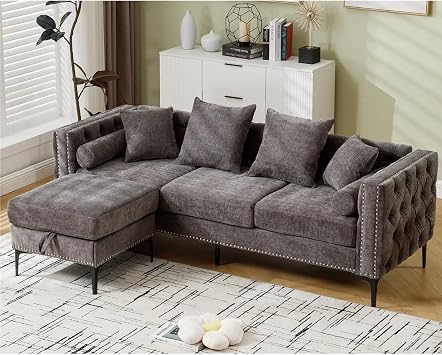 85" Modern L Shaped Upholstered Sectional Couch Sofa with Storage Ottoman,Deep Seat Sectional Sofa Sets Square Arm 3 Seater and Nailhead Metal LegsGray