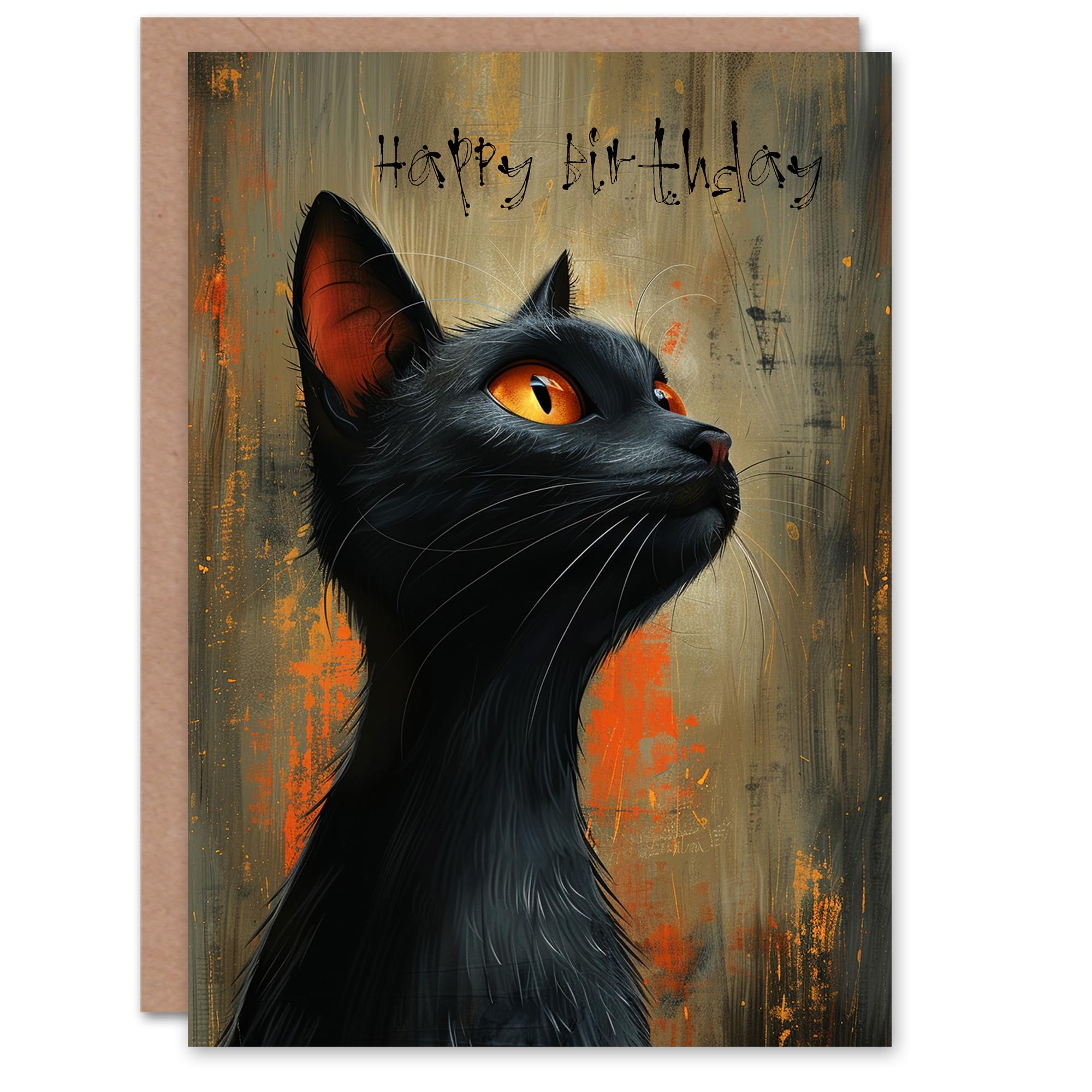 Artery8 Birthday Card Black Cat Portrait Glowing Eyes Magic Comic Artwork For Him Her Man Woman Girl Boy Wife Husband Greeting Card