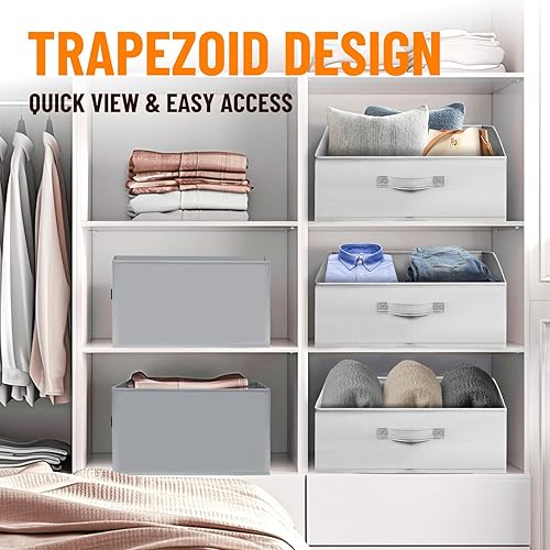 Miniatura 4 de Criusia Organizadores de Armario Contenedores Paquete de 4 - Organizador de Estante Grande Plegable con Asas - Cestas de Tela Trapezoidales para Gris