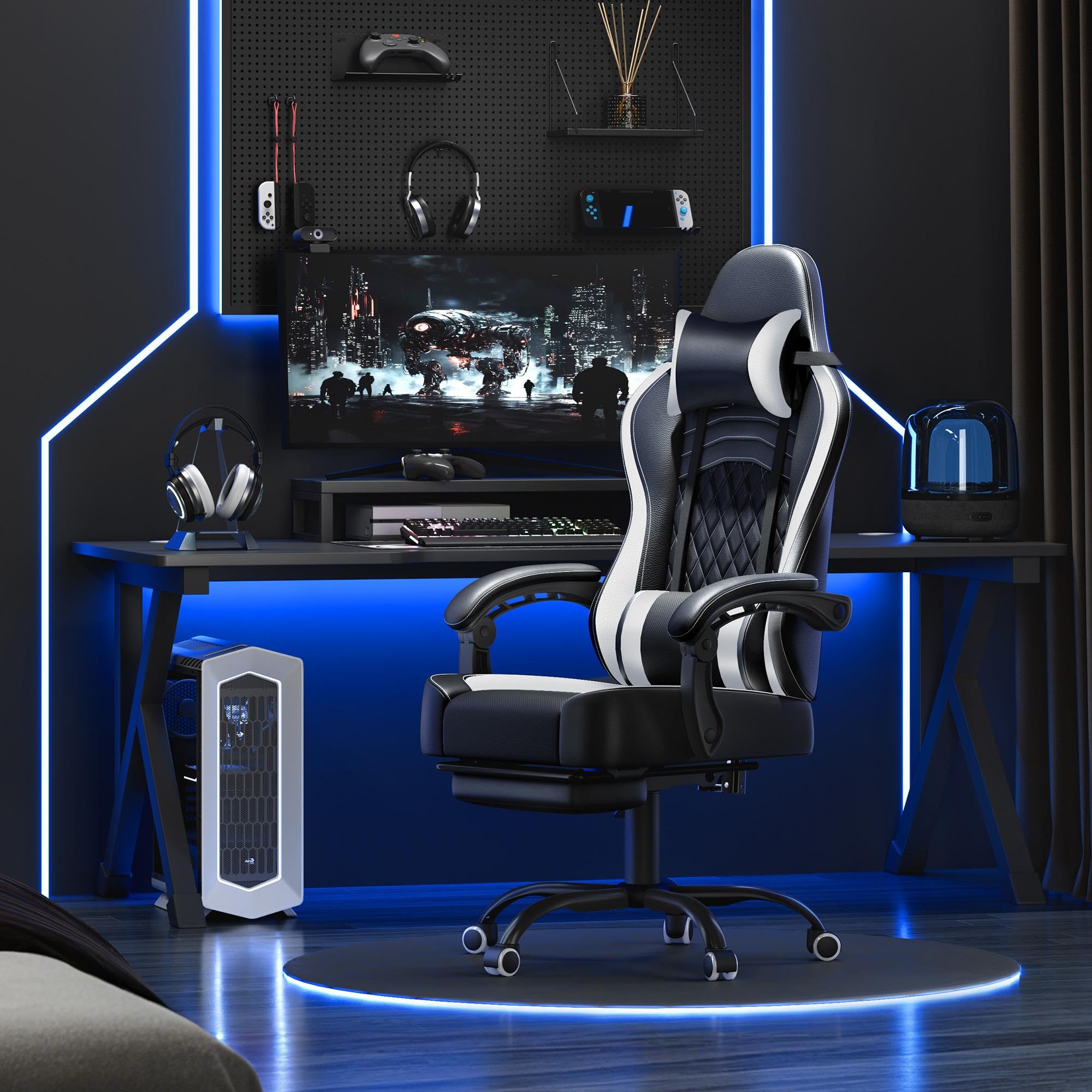 Abician Fauteuil Gaming Pivotant Ergonomique, Chaise d'ordinateur Inclinable avec Coussin Lombaire, Massant Têtière Amovible Repose-Pieds Coulissant, Assise Réglable en Hauteur, Noir/Blanc
