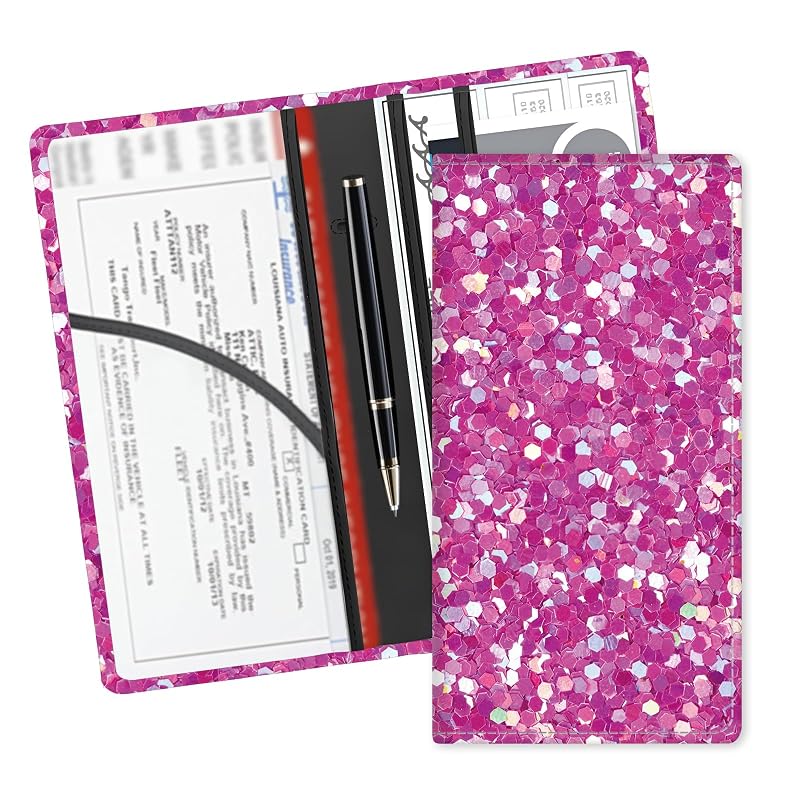 Porta-Documentos Automotivo em Couro Sintético para Porta-Luvas, Cartões e Documentos, Padrão Roxo com Glitter ADUQLZUX, 1 unidade