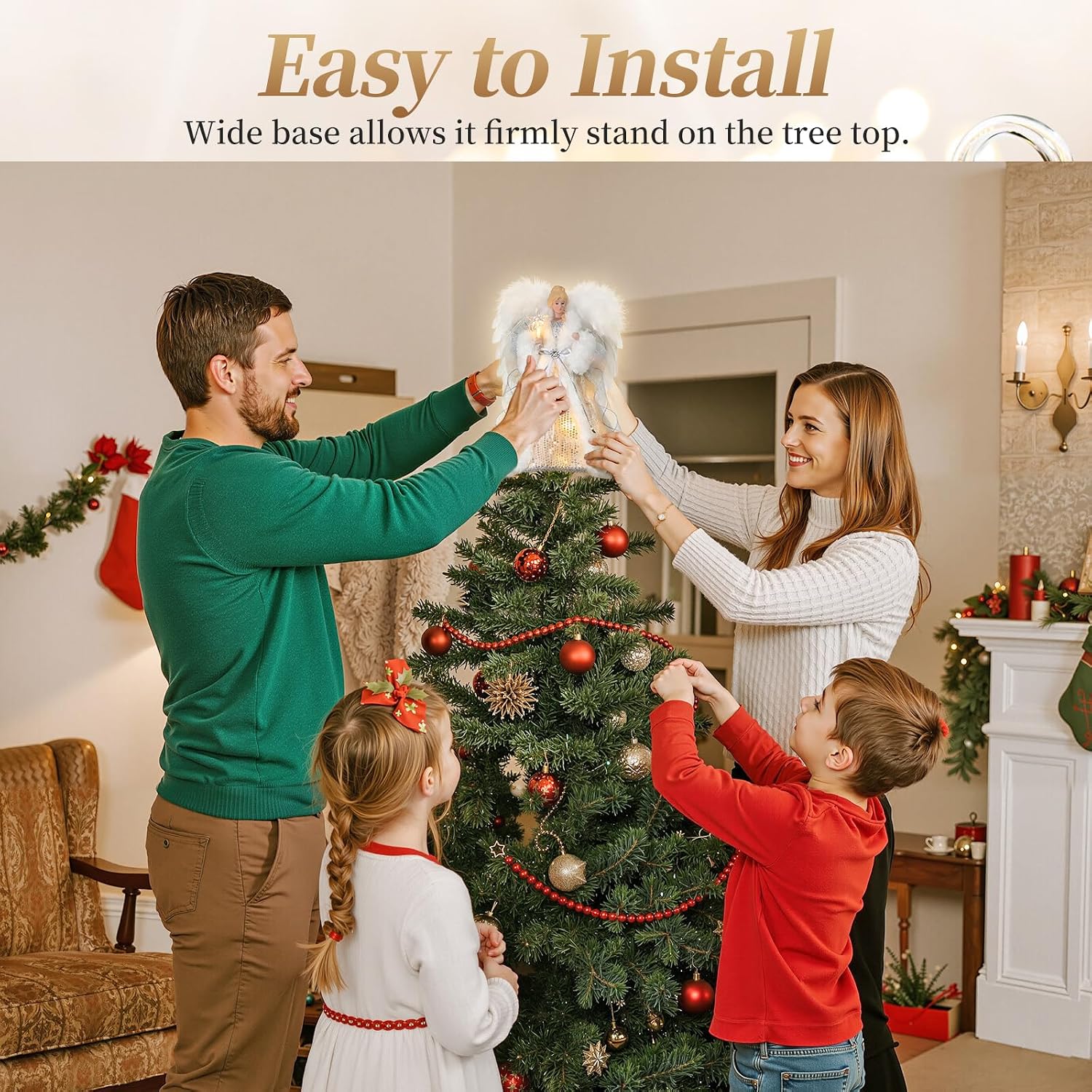 Lewondr Christmas Tree Topper Angel, 12'' Light Up Angel Tree Topper with Wings and Candle Light, 8 Modes and 6 Hrs Timer USB and Remote Operated Christmas Decor for Holiday Home Decor, Silver