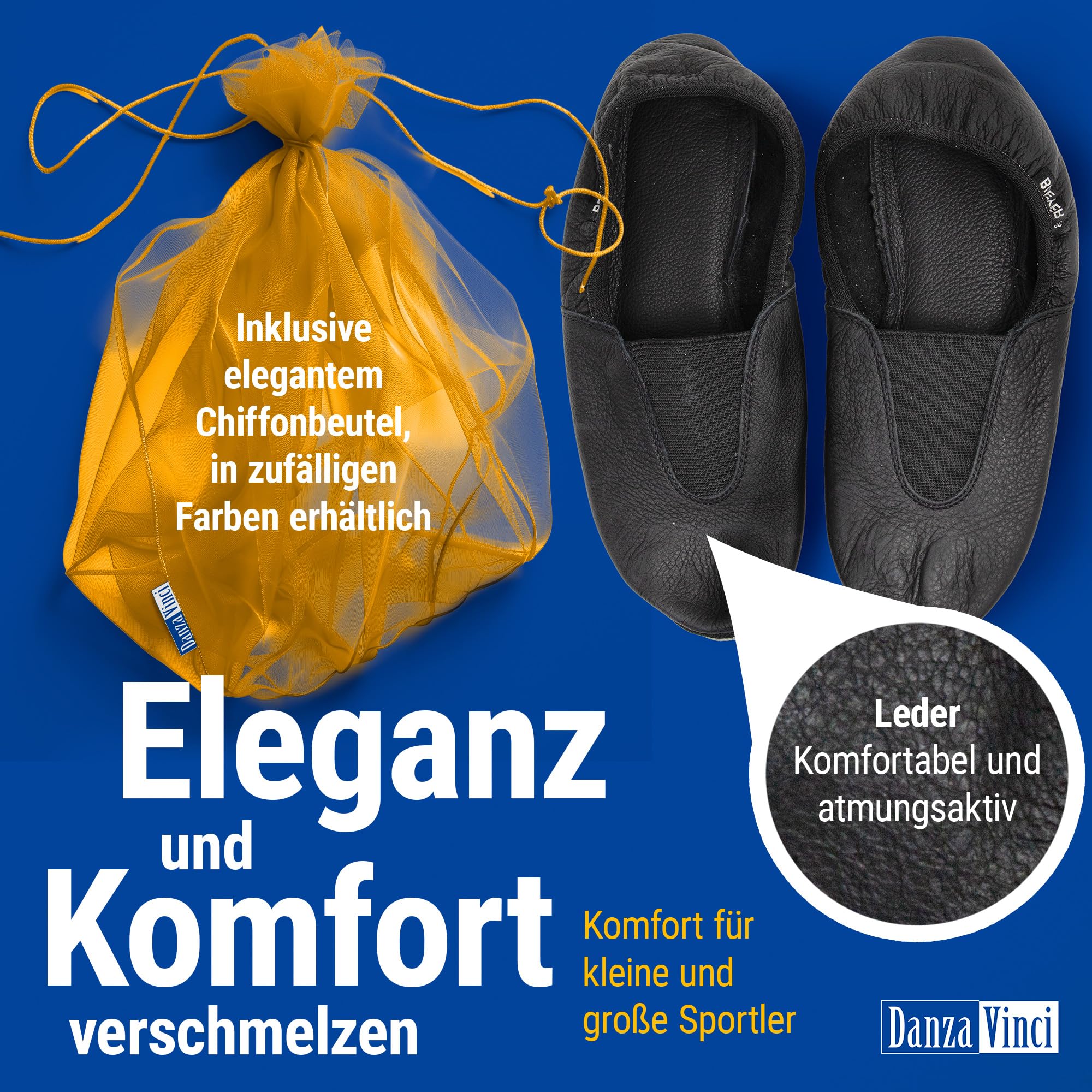 Bundle Bleyer Gymnastikschuhe 2411 Hamburg mit Chiffonbeutel, Schläppchen aus Leder für Kinder und Erwachsene, Turnschläppchen