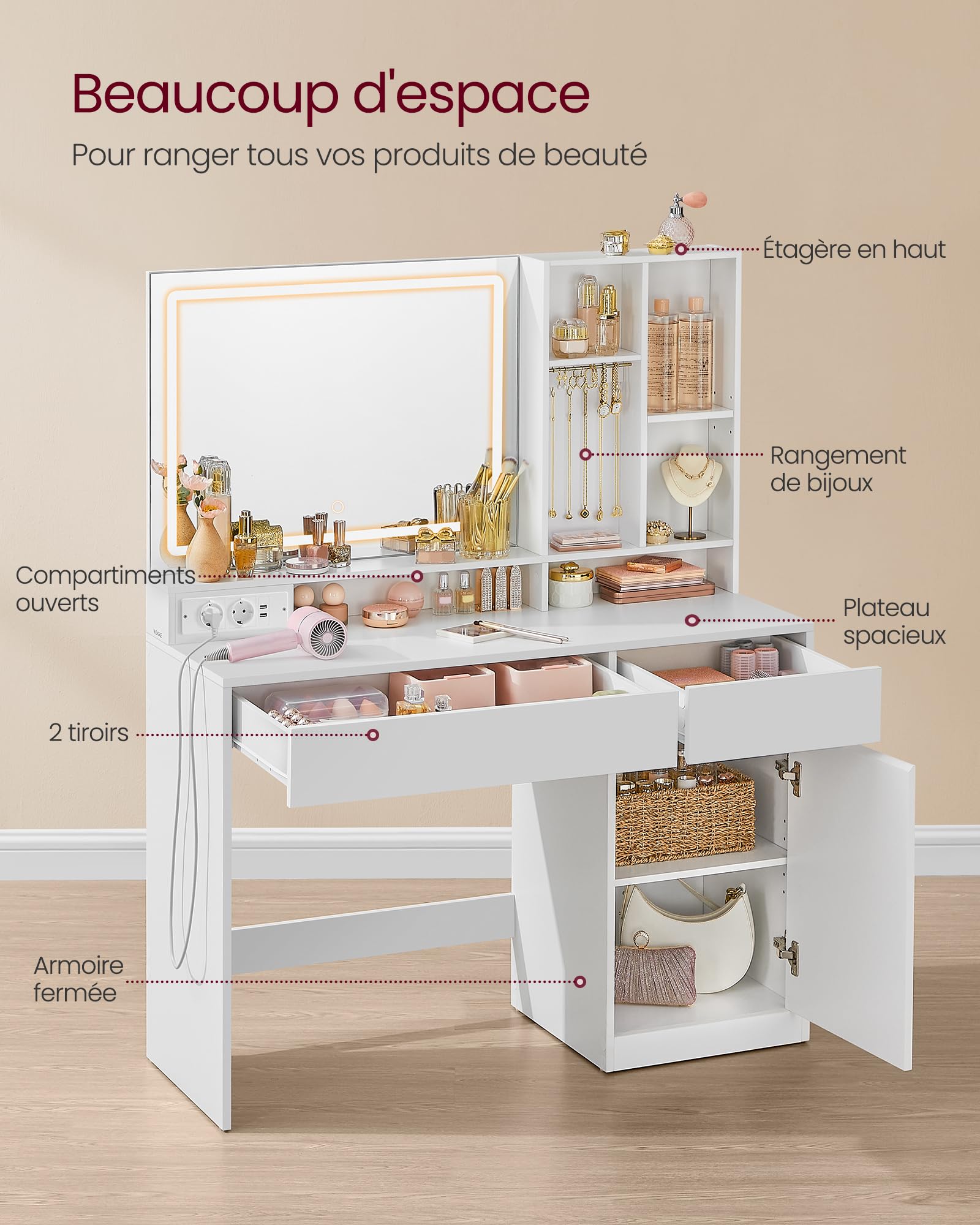 VASAGLE RDT624W01 Coiffeuse avec éclairage LED, à luminosité réglable, avec miroir, tiroirs, compartiments ouverts, étagères réglables, moderne, blanc nuage
