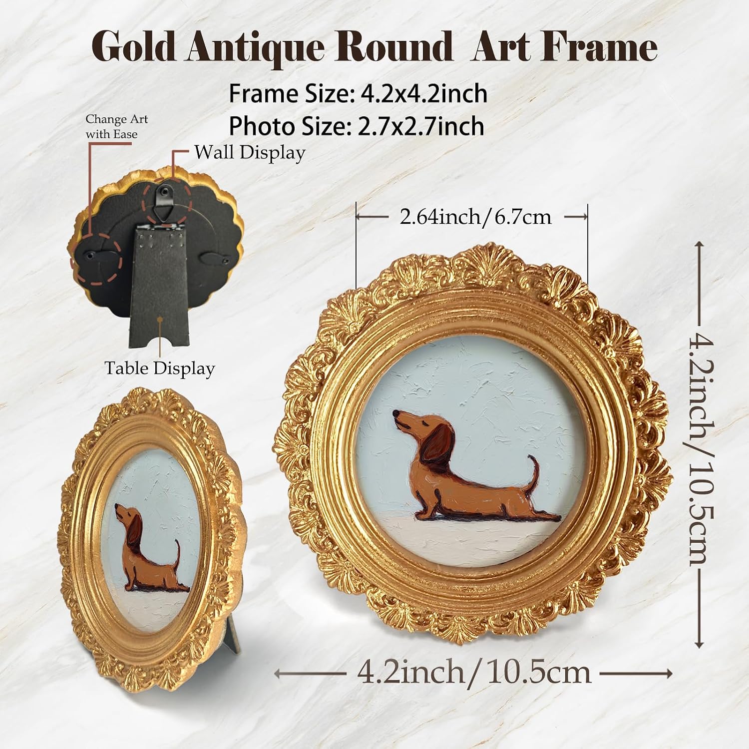 Small Vintage Dachshund Dog Round Picture Frame Wall Decor, Funny Wiener Gold Mini Ornate Photo Frame for TableTop Desk 2.7in Photo, Cute Rustic Framed Artwork for Walls Office Bedroom Shelf image 4
