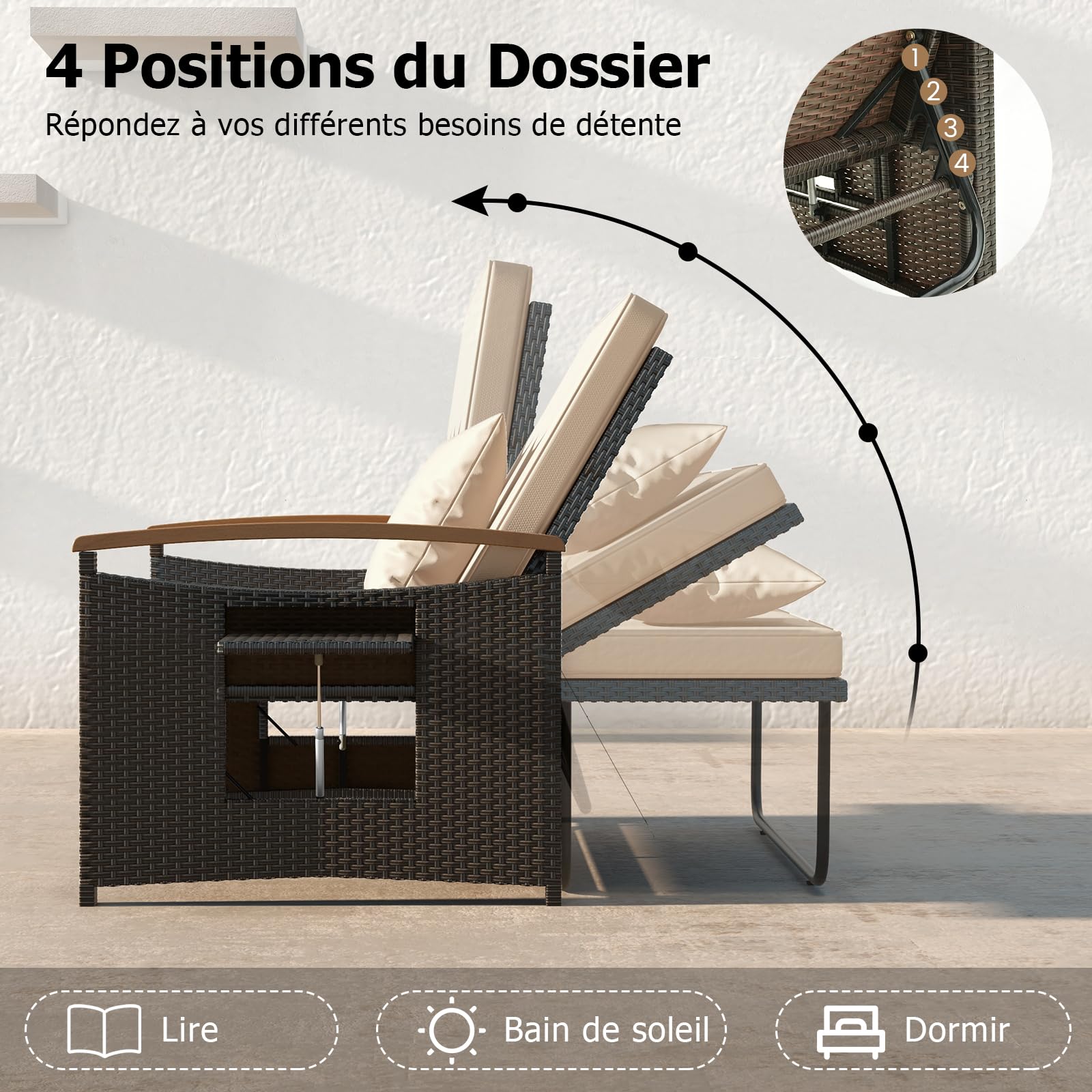 GYMAX 4-en-1 Canapé-Lit de Jardin, Table Basse, Ottoman, Coussins Oreillers Confortables, Dossier Réglable à 4 Niveaux, Salon de Jardin Exterieur en Rotin 2 Personnes, pour Patio, Terrasse, Piscine