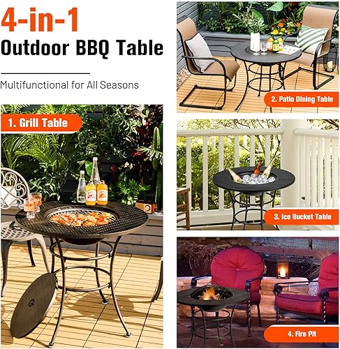 Miniatura 3 de Tangkula Mesa de comedor de 32 pulgadas para exteriores, cuenco redondo 4 en 1 para fogata de madera, hoguera de acero para patio, para barbacoa,