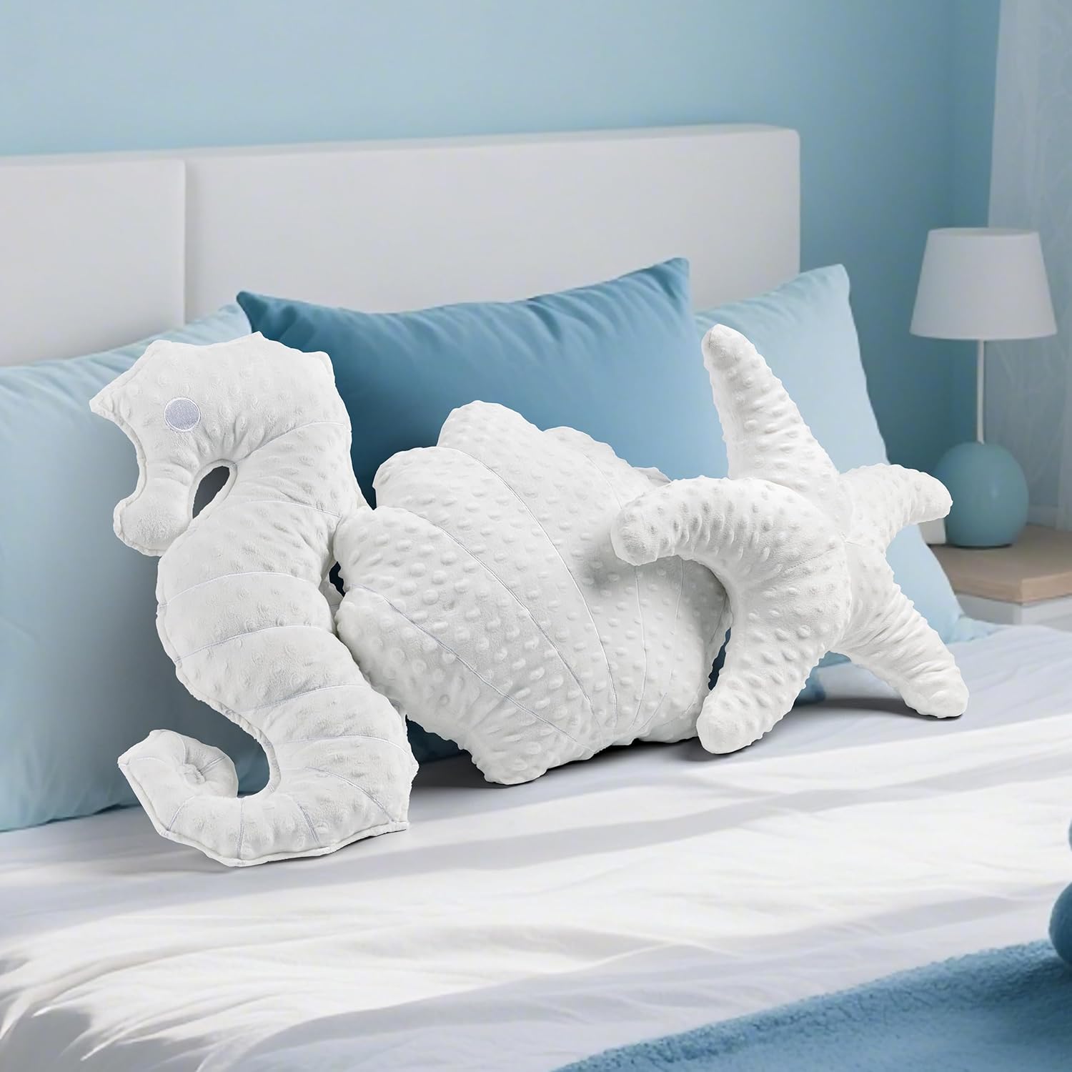 AELS Coastal Throw Pillows Set of 3, Starfish Shell Seahorse Pillows, Beach Ocean Nautical Themed Smooth Soft Minky Decorative Throw Pillows, Cute Pillow for Couch Sofa Bed Living Room Bedroom, White