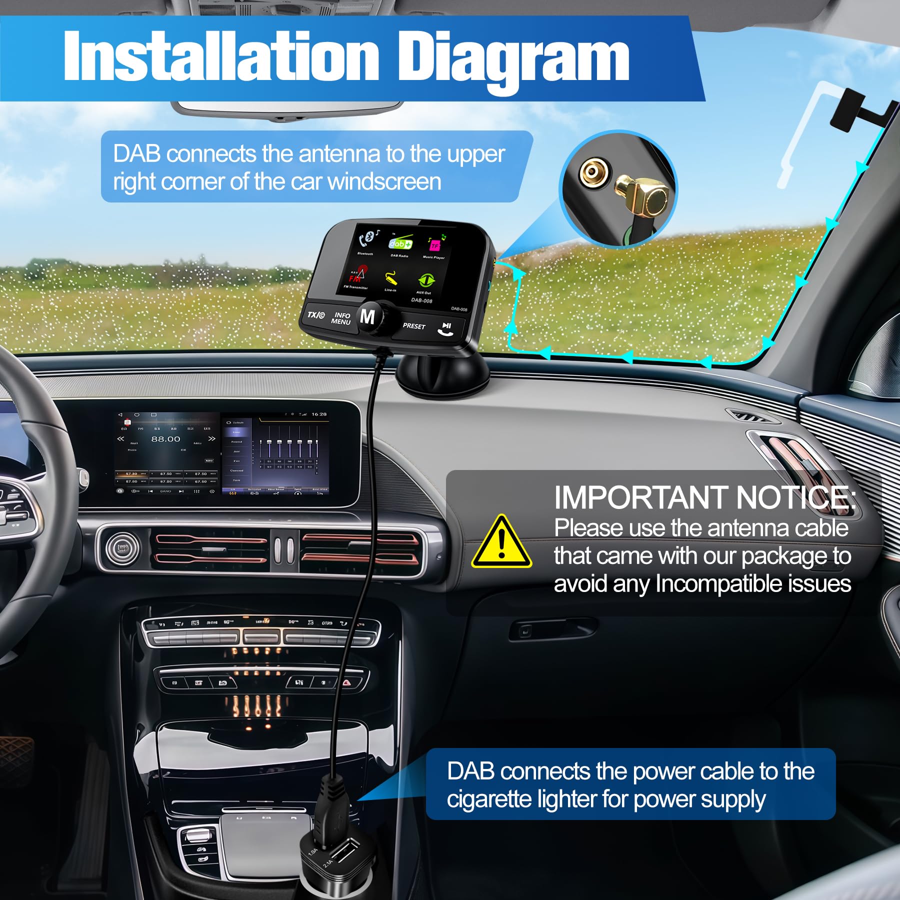 LanBlu DAB Adapter für Autoradio, DAB Adapter Stereoanlage 6.1cm Buntes Display, FM Transmitter DAB+ für Autoradio mit Bluetooth Freisprecheinrichtung, DAB+ Adapte Empfänger Musikplayer+Aux In/Out