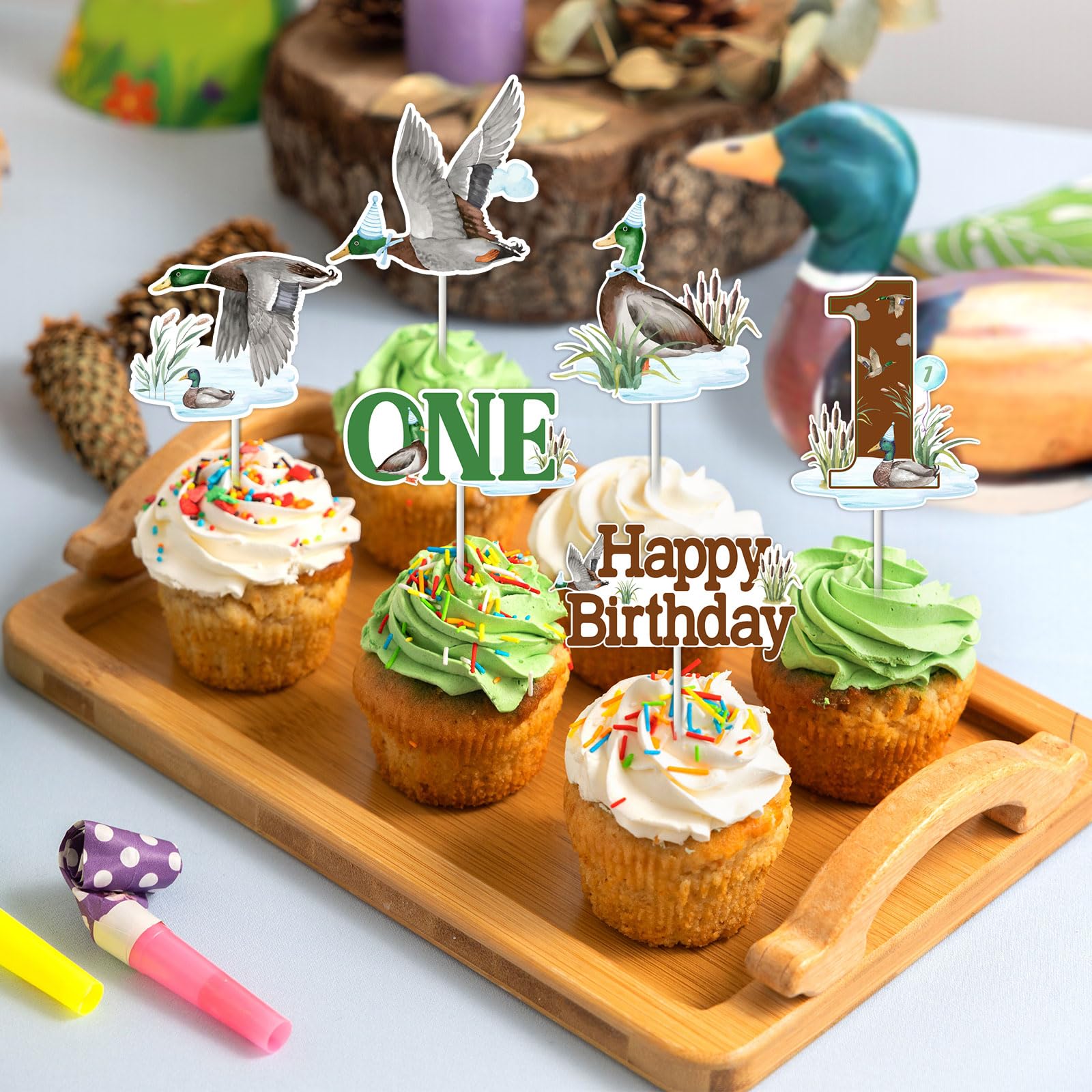 Balterever Duck Hunting First Birthday Decorations Duck Cupcake Toppers One Lucky Duck Birthday Decorations Duck Theme Table Decor Happy Birthday Cake Topper Mallard Duck Birthday Party Supplies