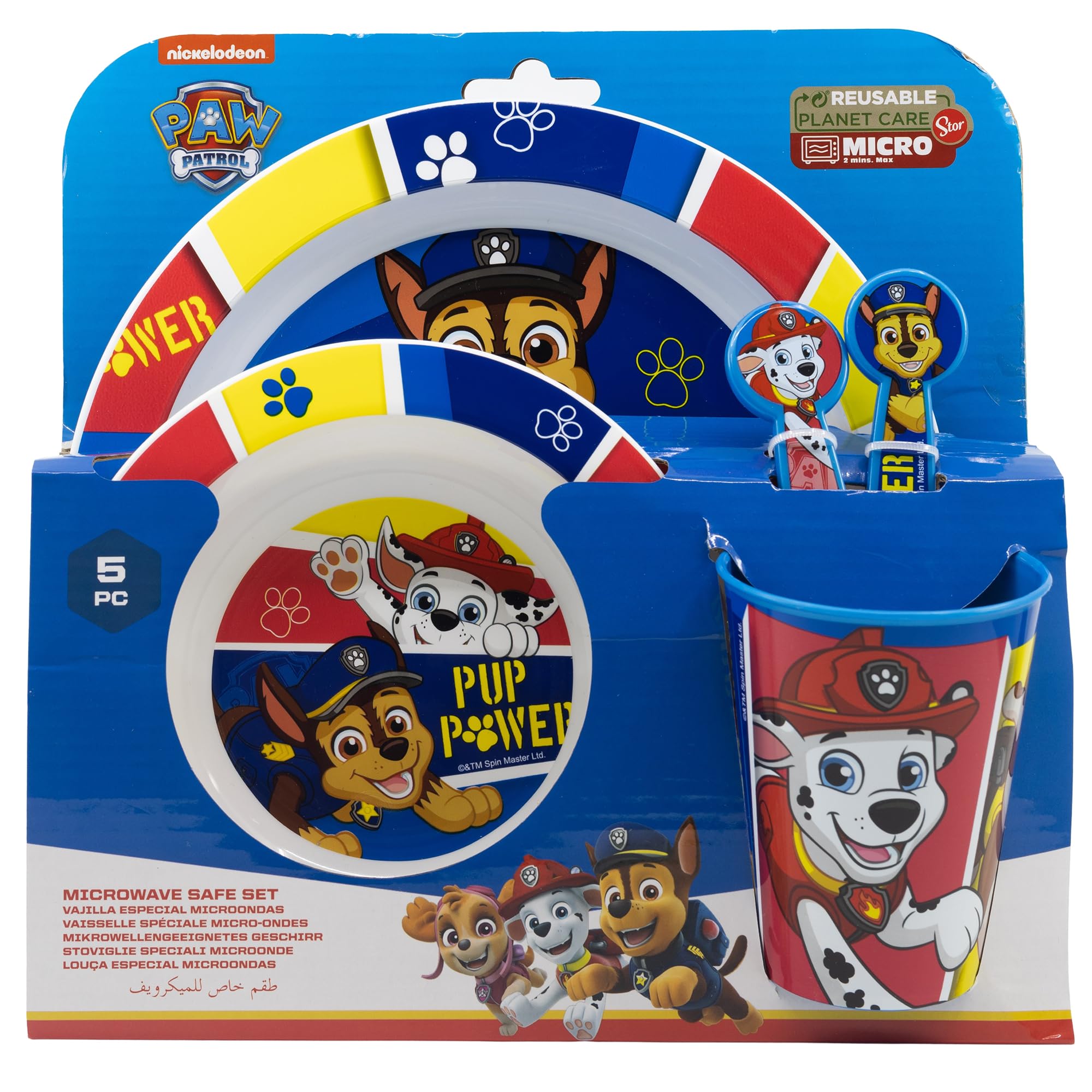 SET MICRO 5 PCS (PLATO, CUENCO, VASO 260 ML Y CUBIERTOS) PAW PATROL PUP POWER