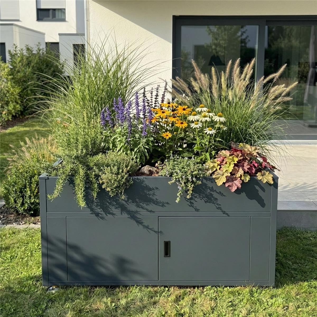 Metzler Hochbeet für den Garten mit Stauraum – Pulverbeschichteter Stahl in Anthrazit RAL 7016 | Witterungsbeständiges Metall-Gartenbeet, Pflanzenbeet, Blumenhochbeet | 160 x 85 x 50 cm