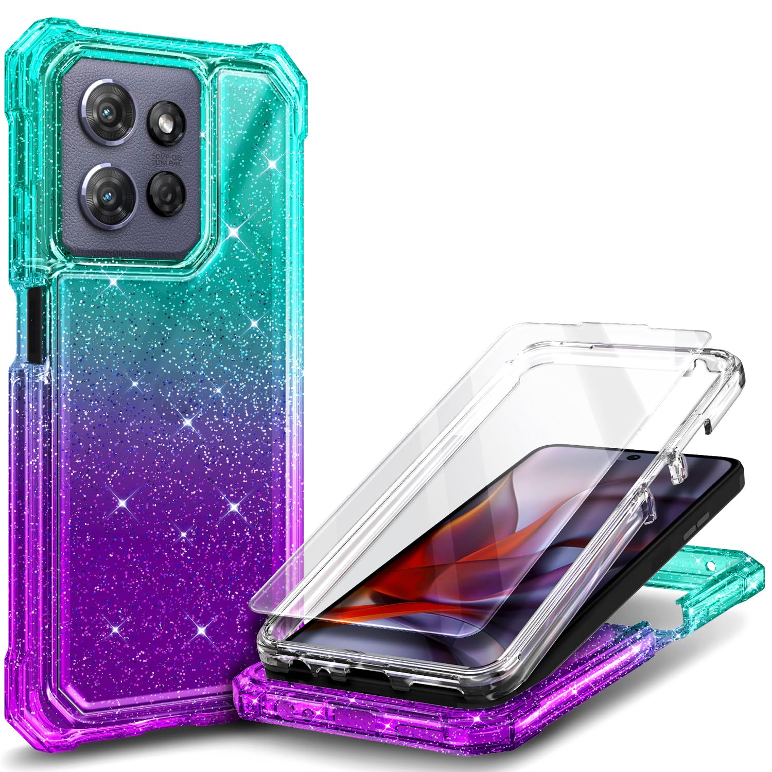 WDHD Designed for Motorola Moto G 2025 Phone Case with [Tempered Glass Screen Protector], 12FT Military Grade Drop Tested, Full-Body Protective Shockproof Bumper Case (Glitter Aqua/Purple)