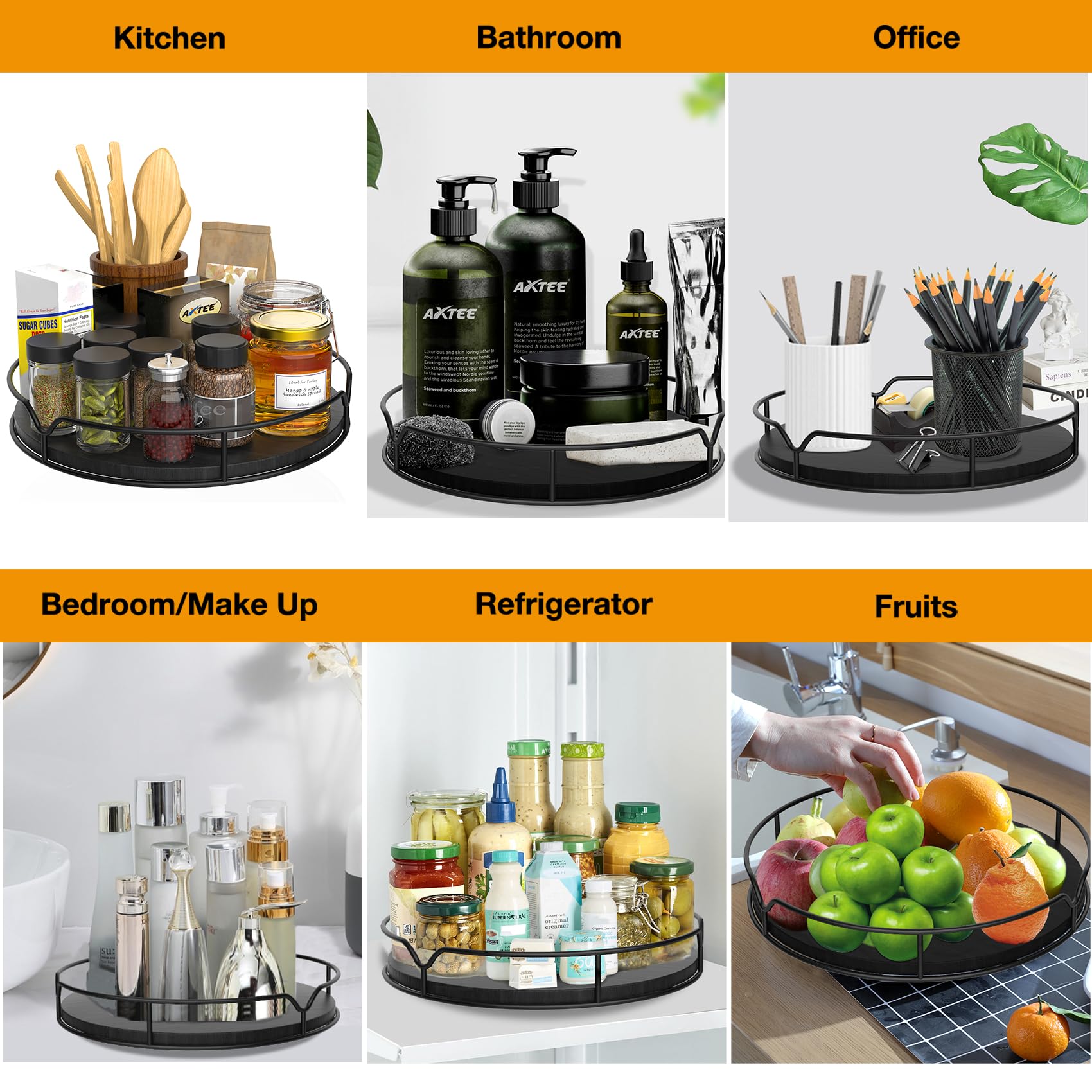 Lazy Susan Drehteller-Organizer für Schrank, 33 cm, schwarz, Speisekammer, Küche, Arbeitsplatte, Kühlschrank, Kiefernholz