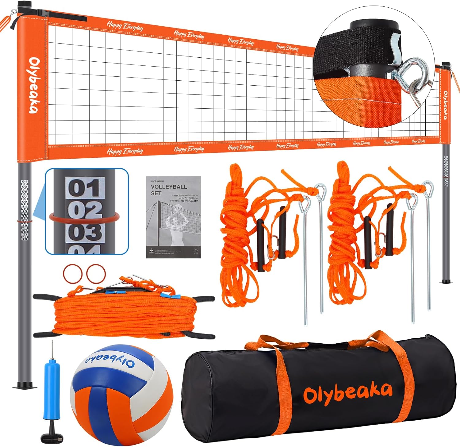 outdoor portable volleyball net set for backyard beach with adjustable heavy duty poles, durable net, pu volleyball & pump, carry bag 20ft orange