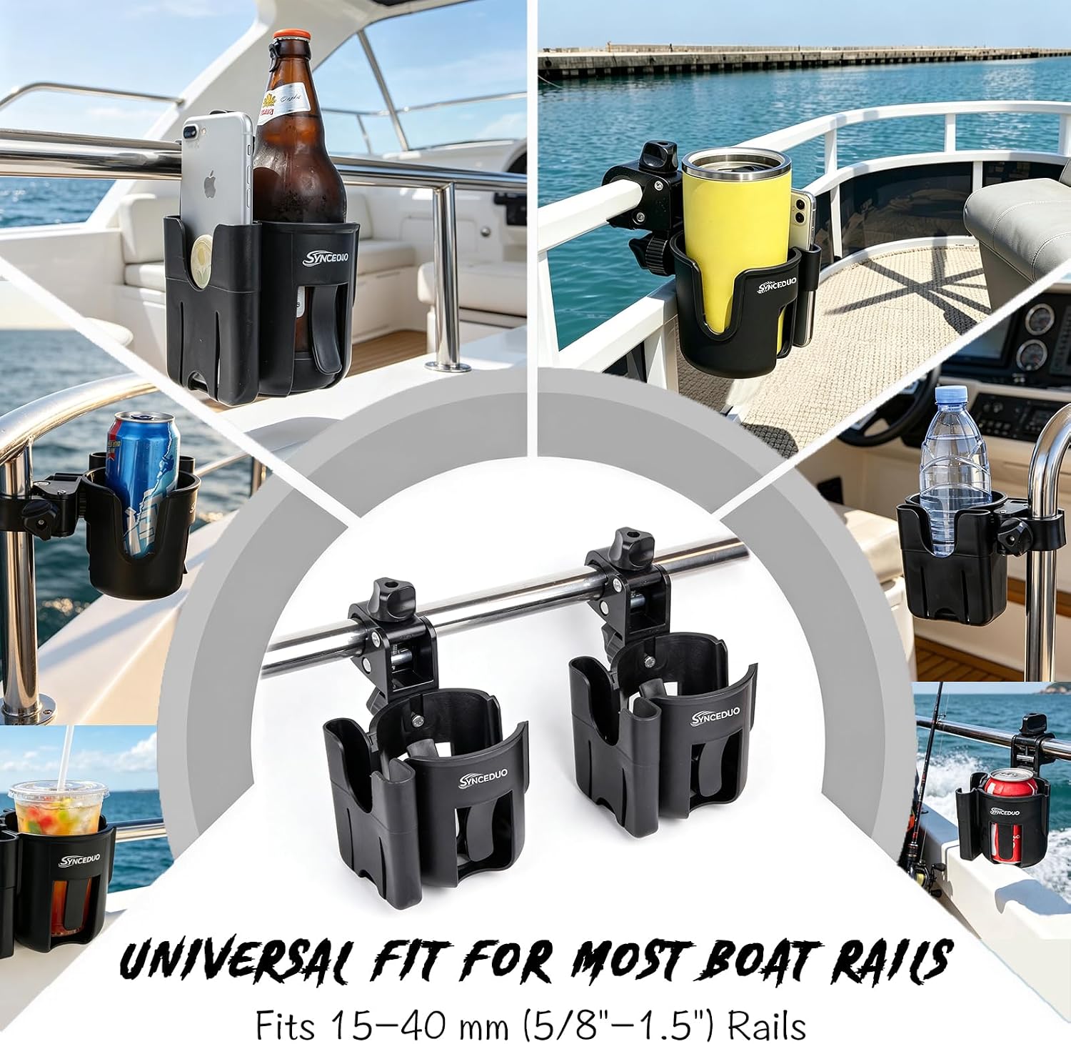 Boat Rail Cup Holder with Phone Holder, 360°Adjustable Pontoon Cup Holders Clamp on Boat Drink Organizer for Marine Accessories, Kayak, Paddle & Jet Boat(2 Pack)