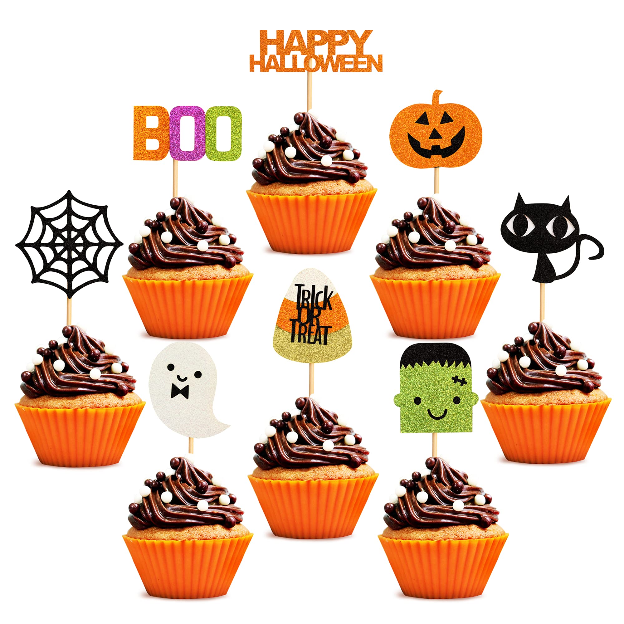 Blumomon 32Pcs Happy Halloween Cupcake Toppers Glitter Pumpkin Ghost Trick or Treat Cupcake Decoration Picks Halloween Theme Birthday Anniversary Babyshower Party Supplie — image 1