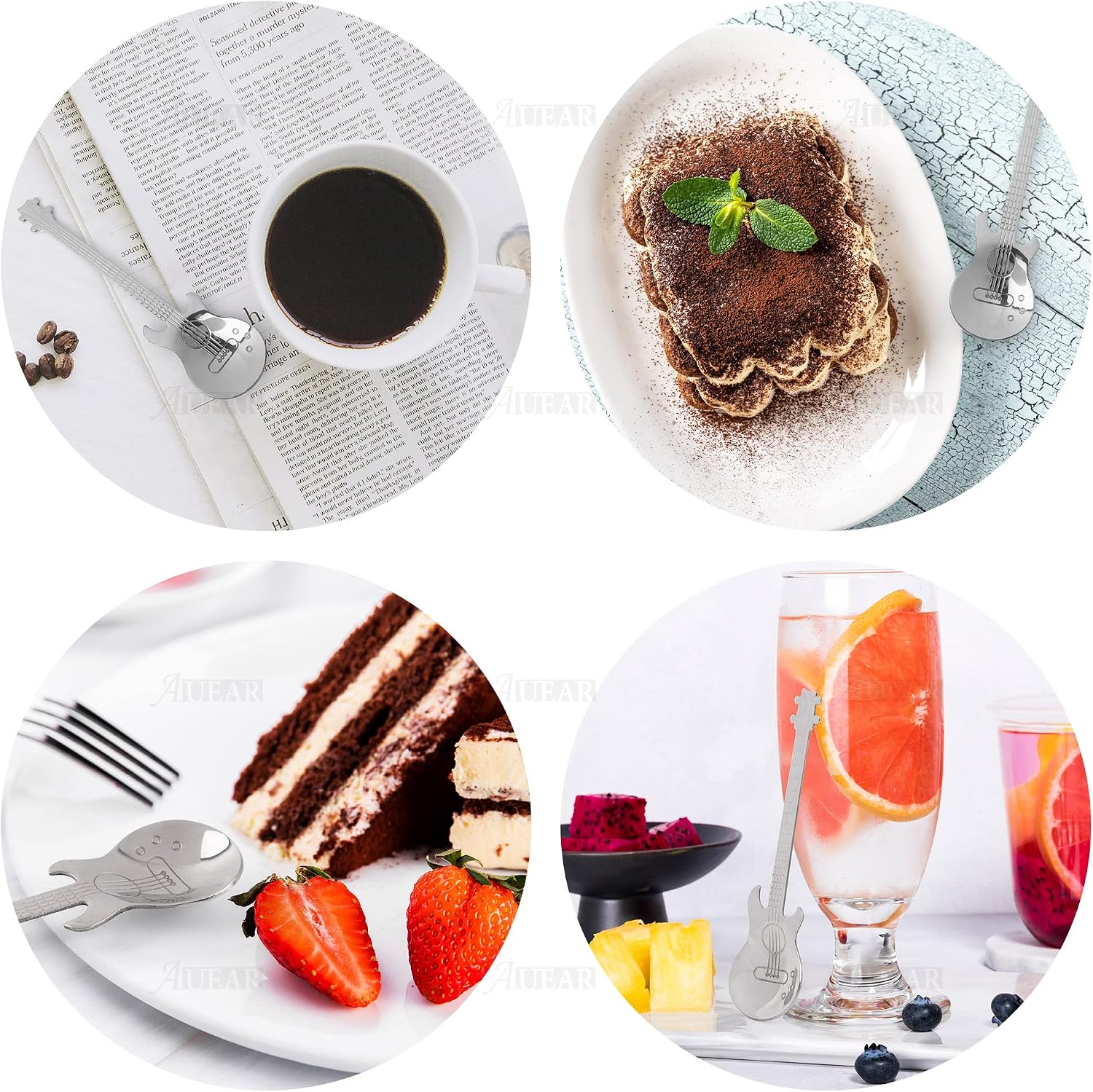 AUEAR, 6 Pack Guitar Dessert Spoons Stainless Steel Coffee Spoon Demitasse Espresso Musical Teaspoon for Stirring Drink Mixing Milkshake Jam Ice Cream Tea Cake (Silver)