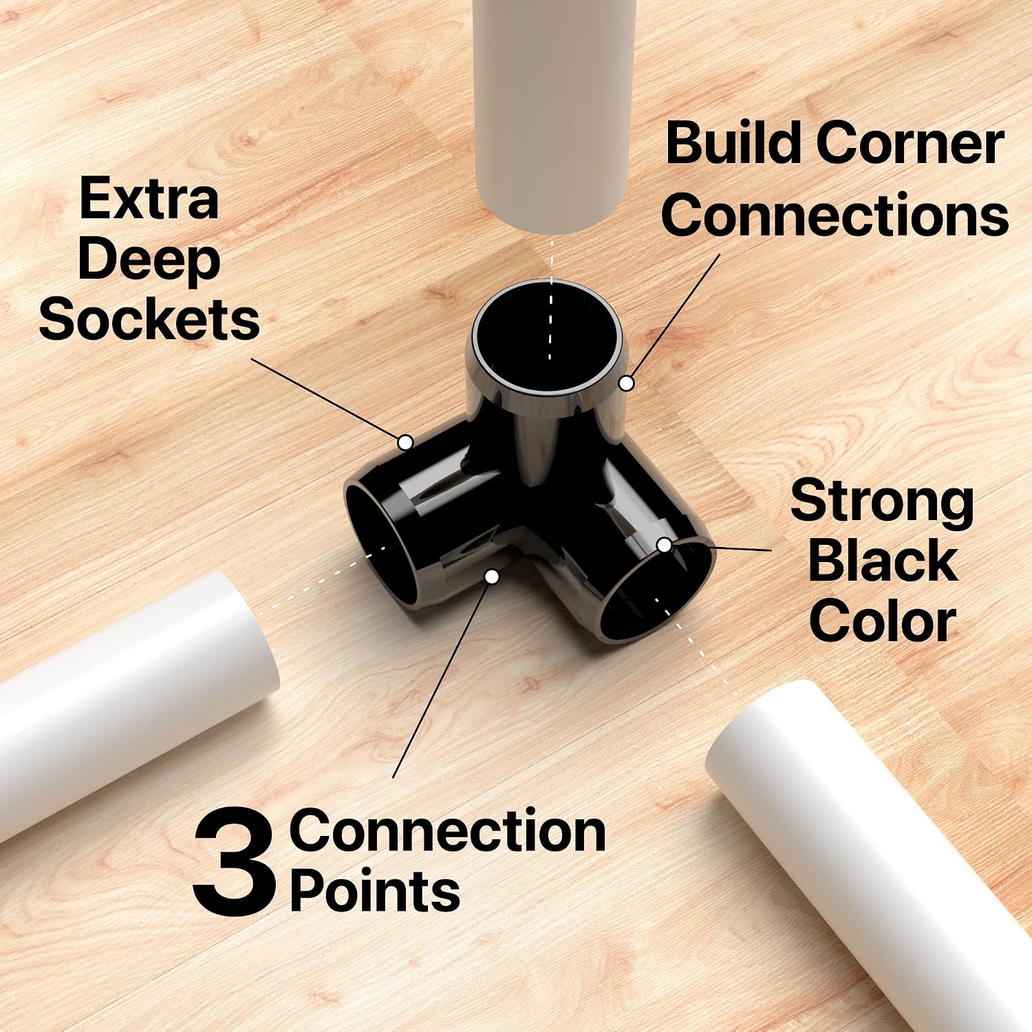 FORMUFIT 1-1/4" 3-Way PVC Elbow Furniture Grade Fitting in Black, 1.66" Actual ID, (Pack of 4), Made In USA, UV-Resistant, Impact-Proof, Easily Build 3-Point Corners with PVC Pipe - F1143WE-BK-4