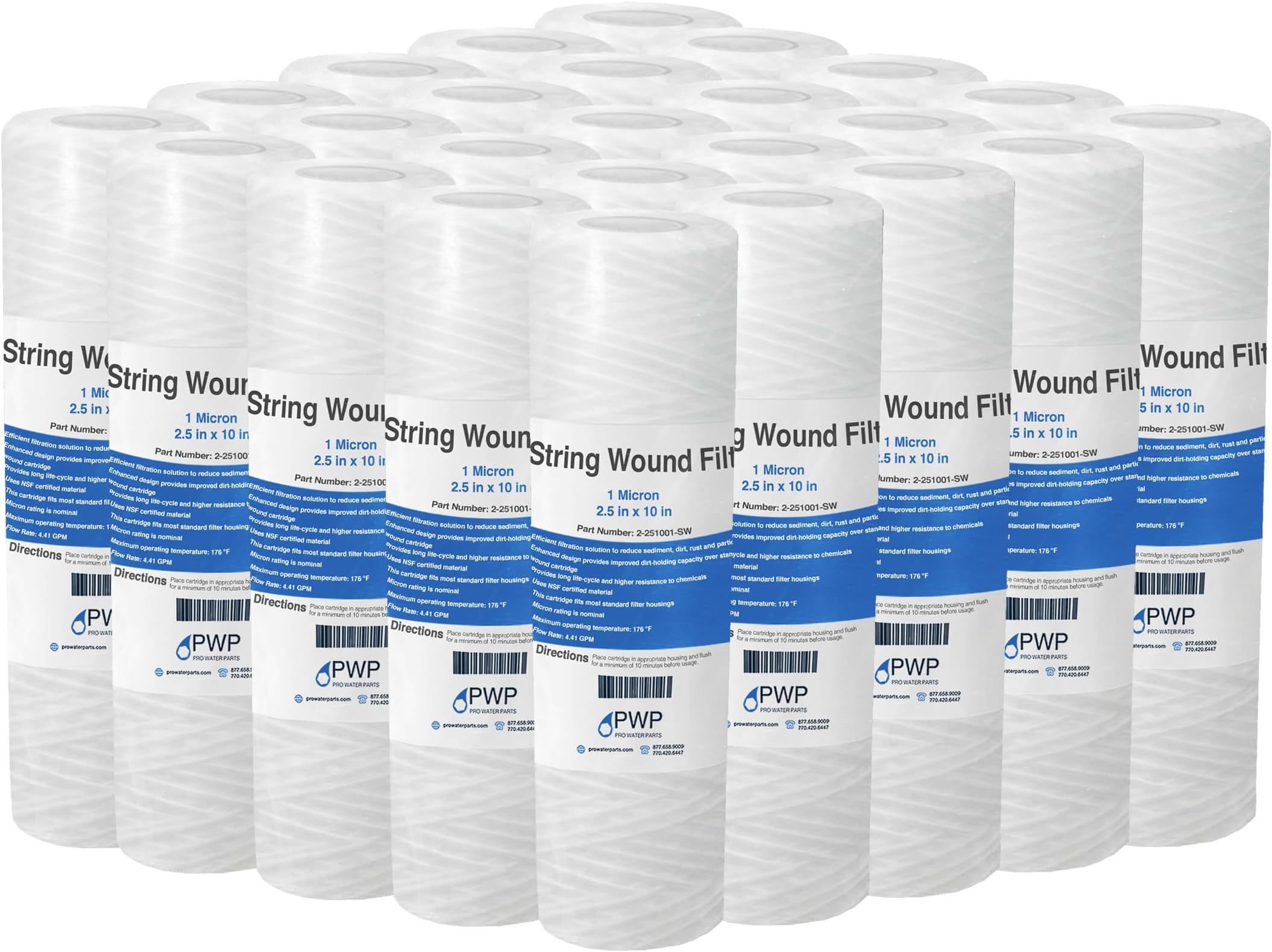 String Wound Sediment Water Filter Cartridge Standard 2.5x10" 1 Micron 25 Pack